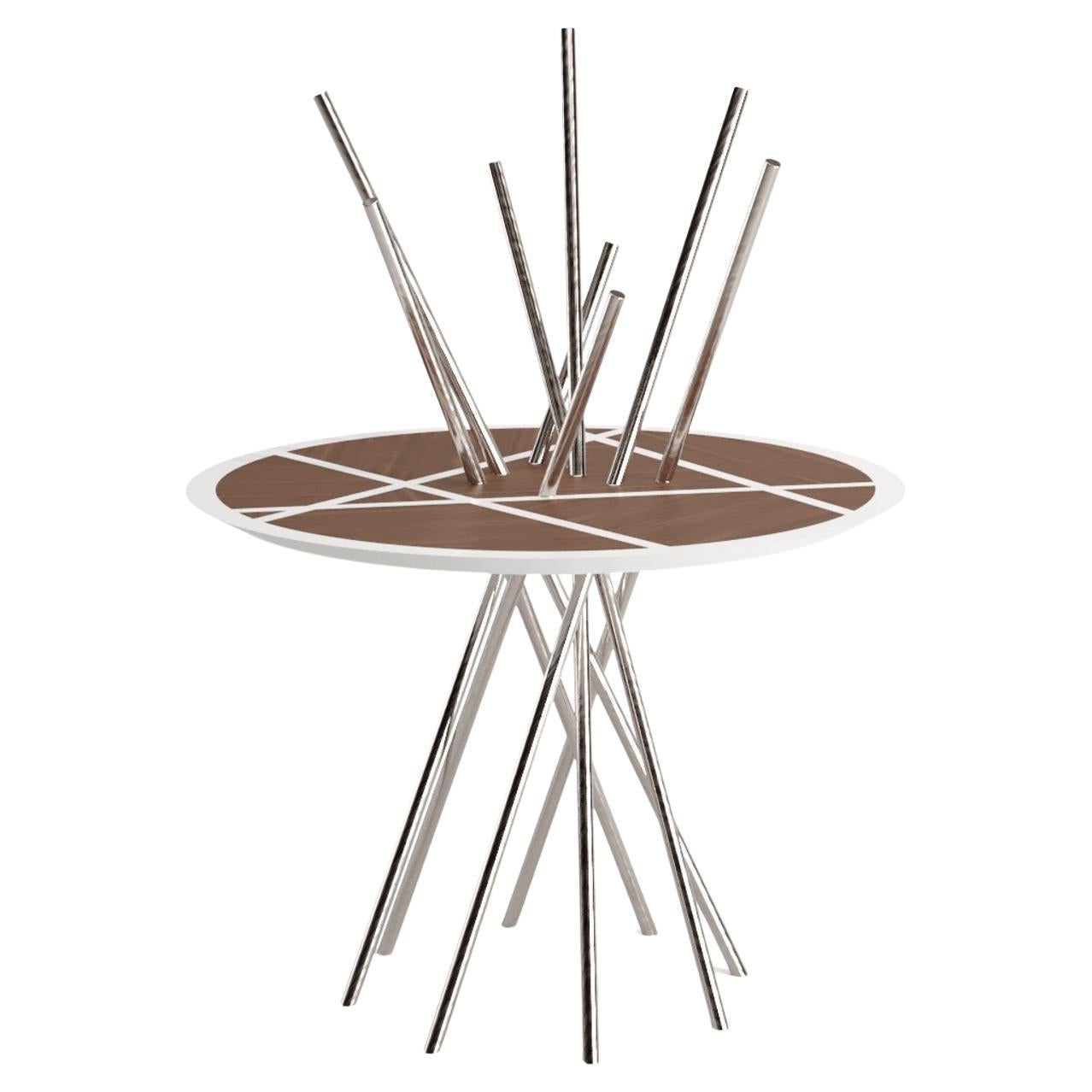 Modern Round Pedestal Table Walnut Wood White Lacquer Brushed Stainless Steel For Sale