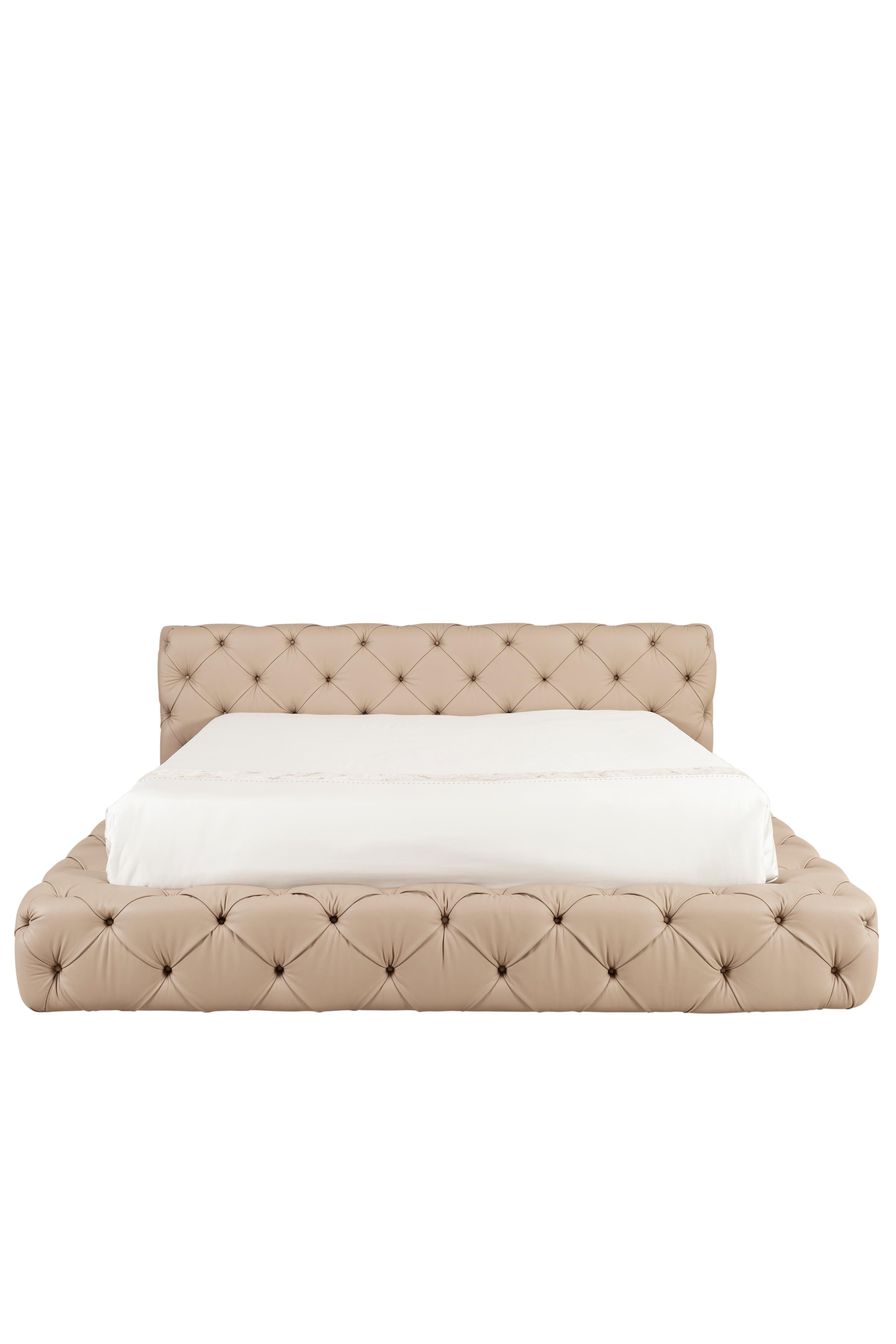 Hand-Crafted Modern Fluffy Bed Italian Leather Capitonnè, Handmade in Portugal by Greenapple For Sale