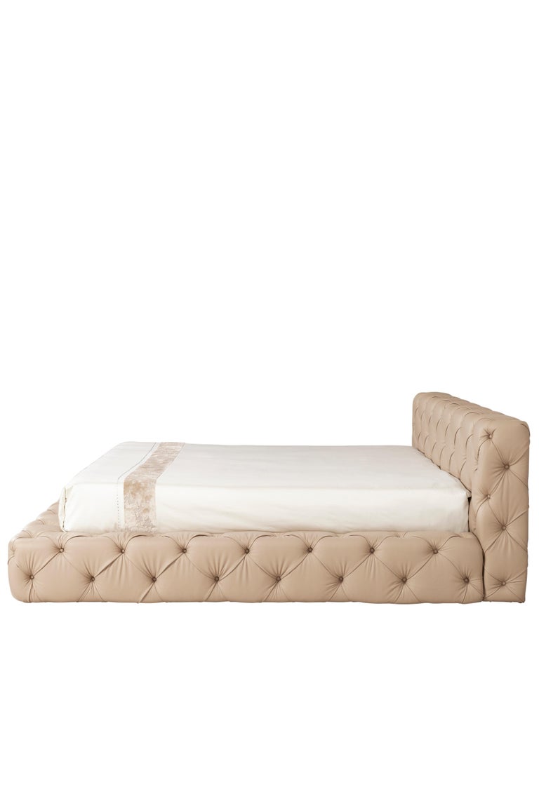 Hand-Crafted Greenapple Bed, Florença Bed, Beige Leather, Handmade in Portugal For Sale