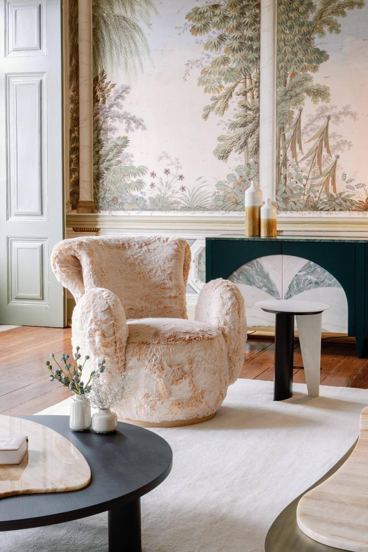 Modern Moder Grass Armchair, Light Orange Faux Fur, Handmade in Portugal by Greenapple For Sale