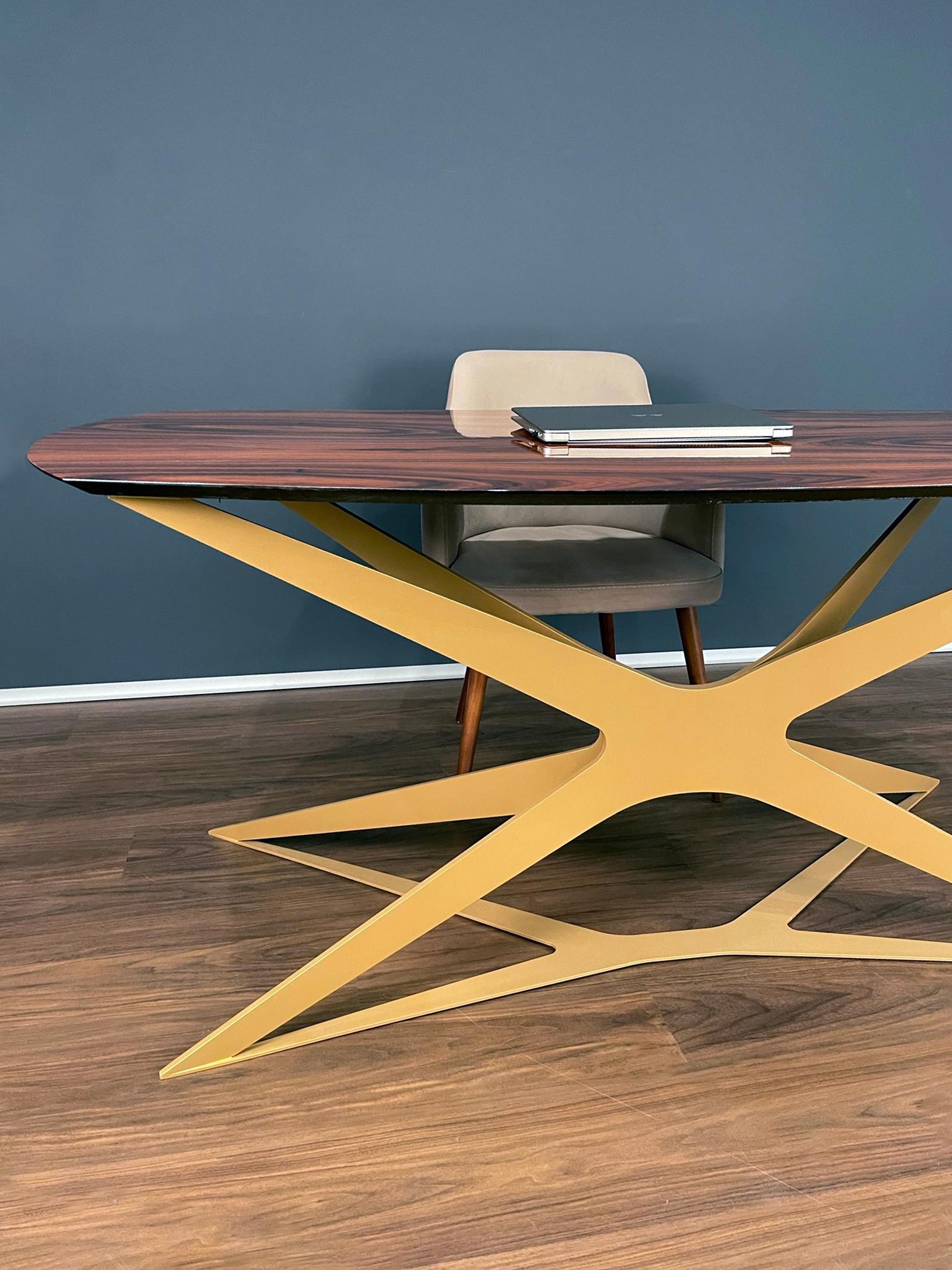 Modern Home Office Writing Desk in High-Gloss Ironwood and Gold Lacquered Steel For Sale 5