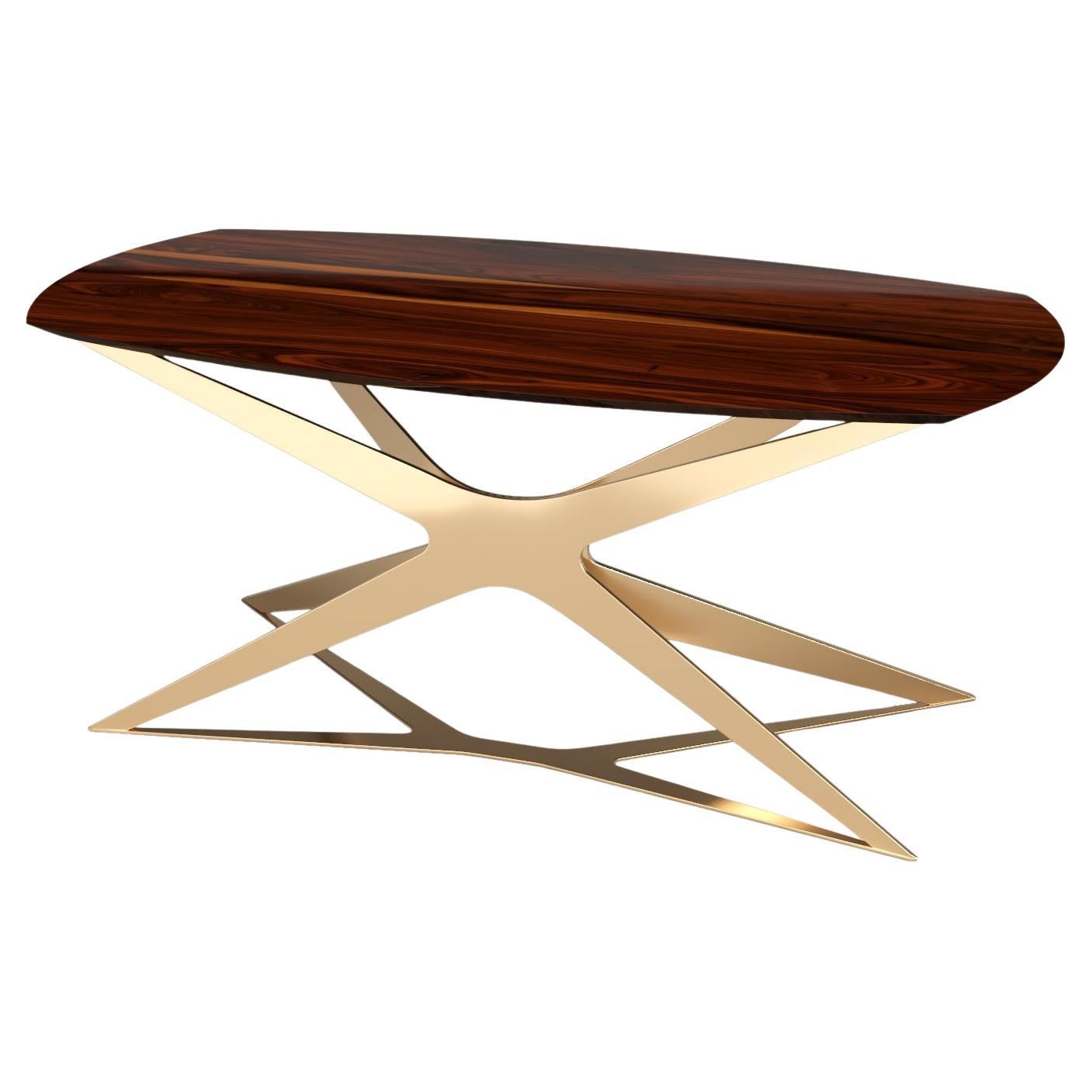 Modern Home Office Writing Desk in High-Gloss Ironwood and Gold Lacquered Steel