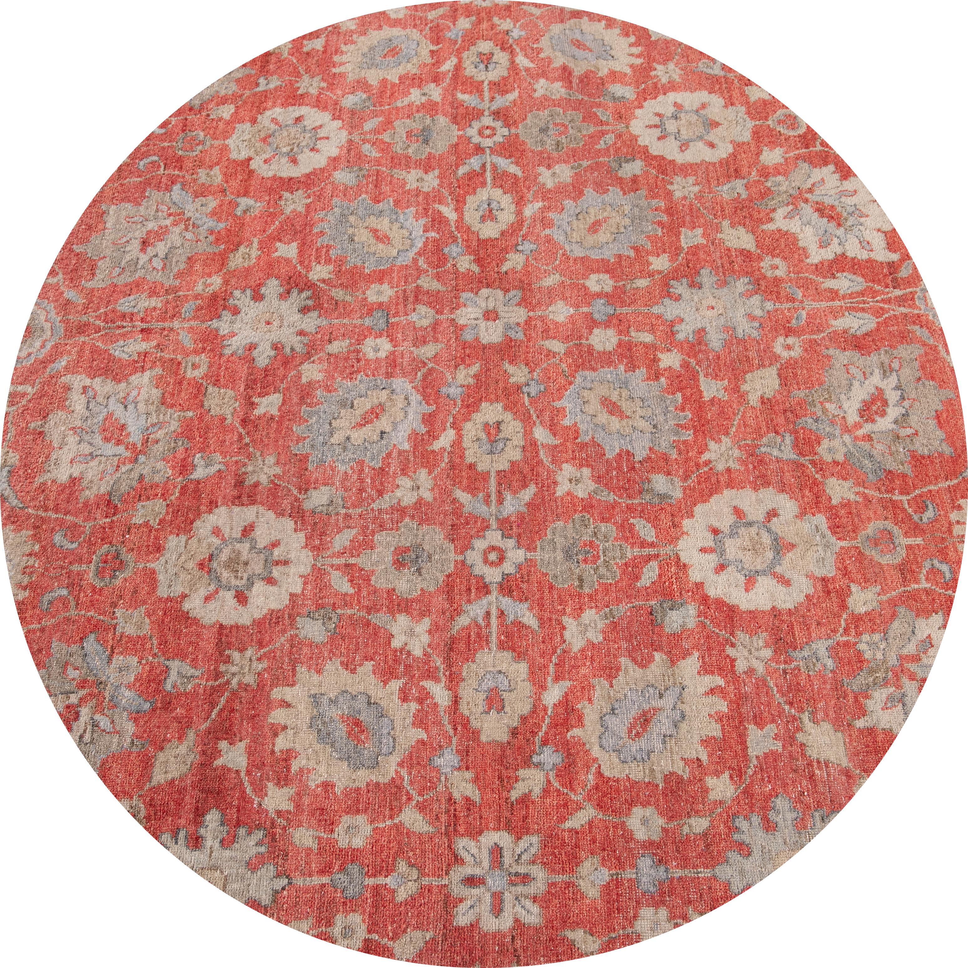 Beautiful contemporary Indian rug, hand knotted wool, with a bright red field, gray and tan accents in an all-over Classic motif.
This rug measures 8' 10