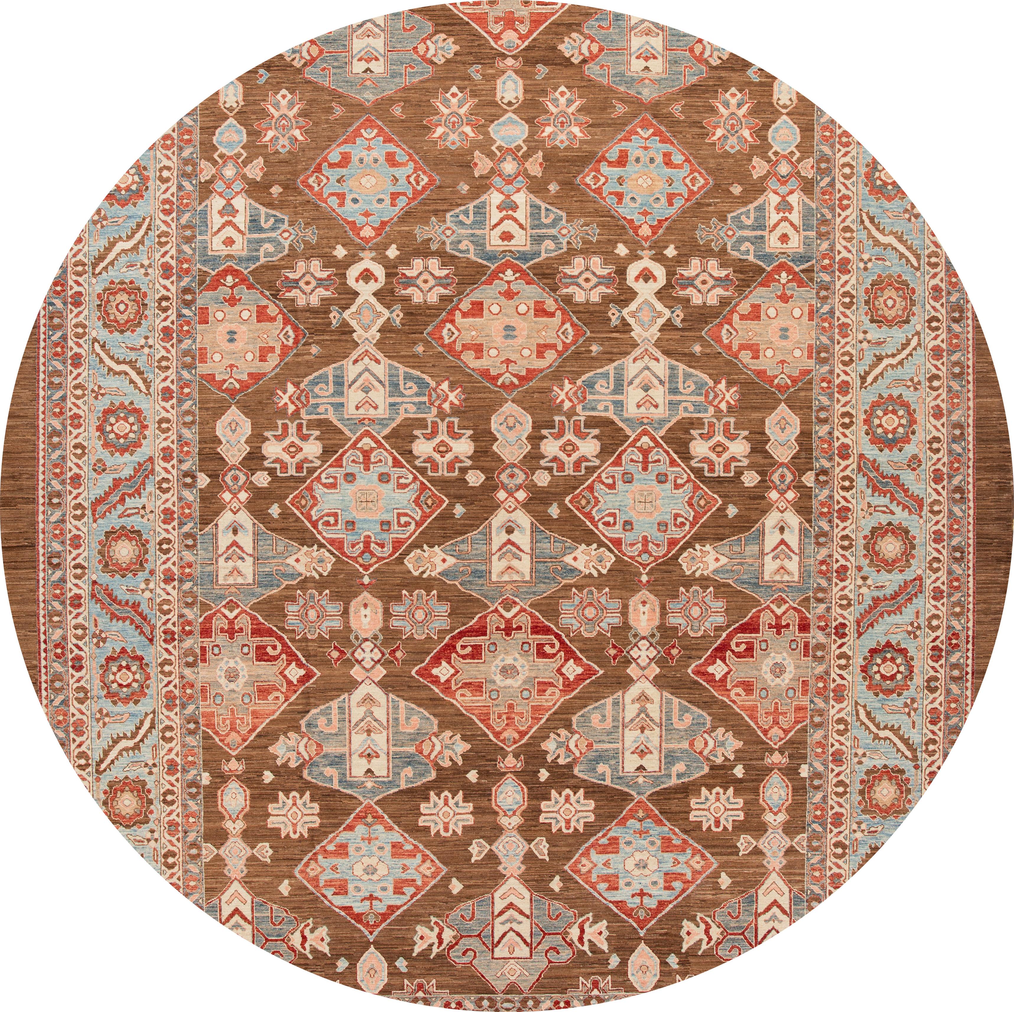 Schöner moderner indischer Wollteppich, handgeknüpft aus Wolle mit hellbraunem Feld und mehrfarbigen Akzenten in einem geometrischen Allover-Design.

Dieser Teppich misst 11' 8