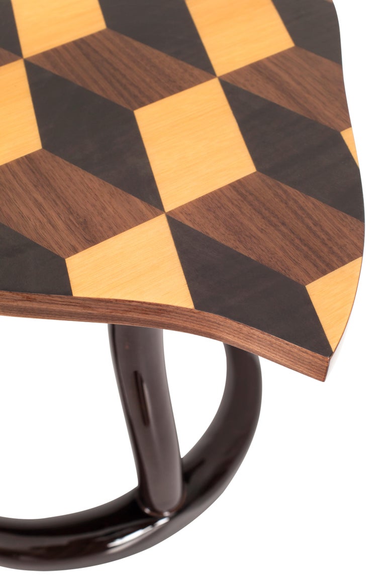Brass Greenapple Side Table, Marquetry Side Table, Handmade in Portugal For Sale