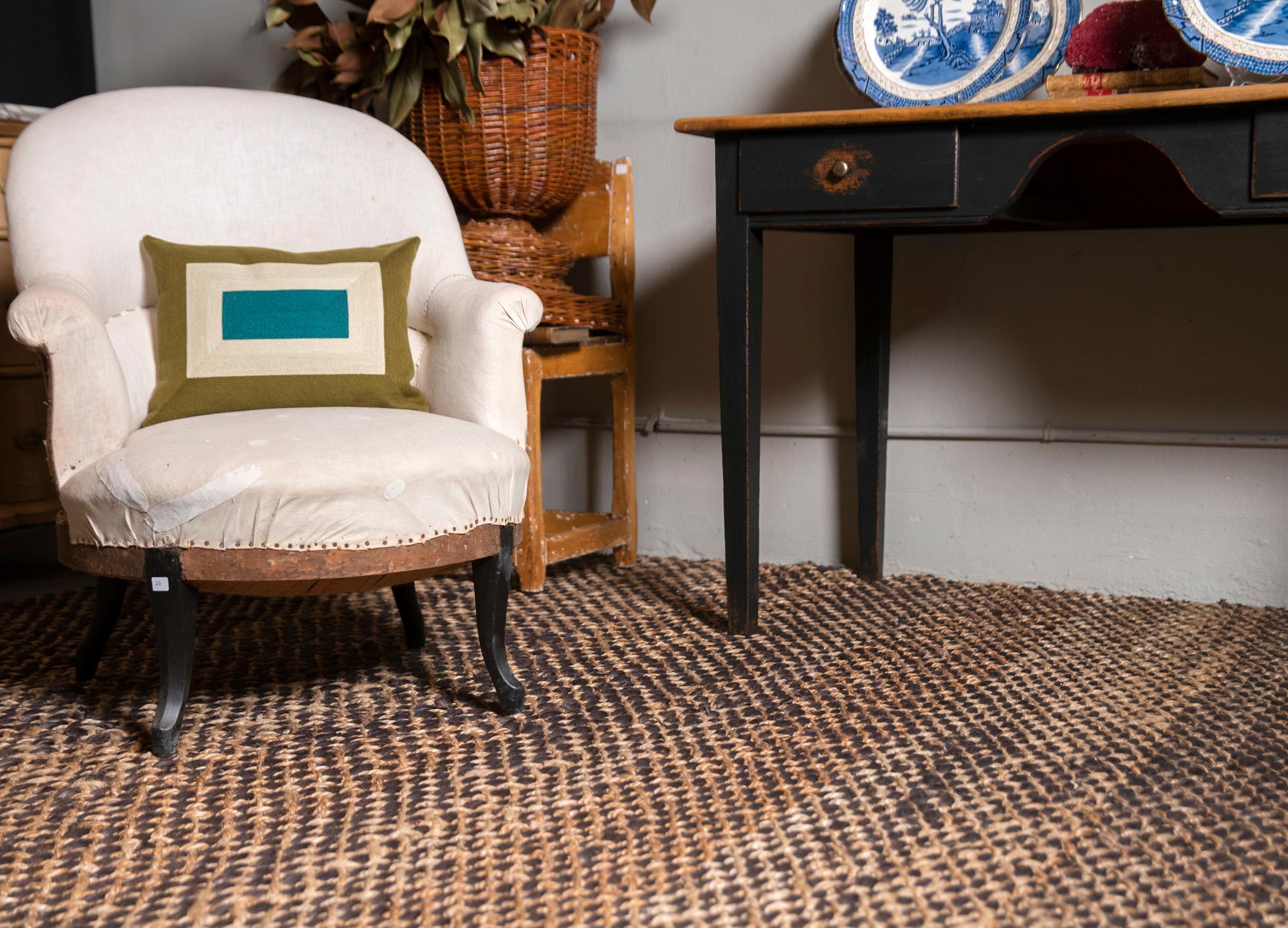 Hand-Woven Modern Hand Braided Jute Carpet Rug Natural Brown & Black For Sale
