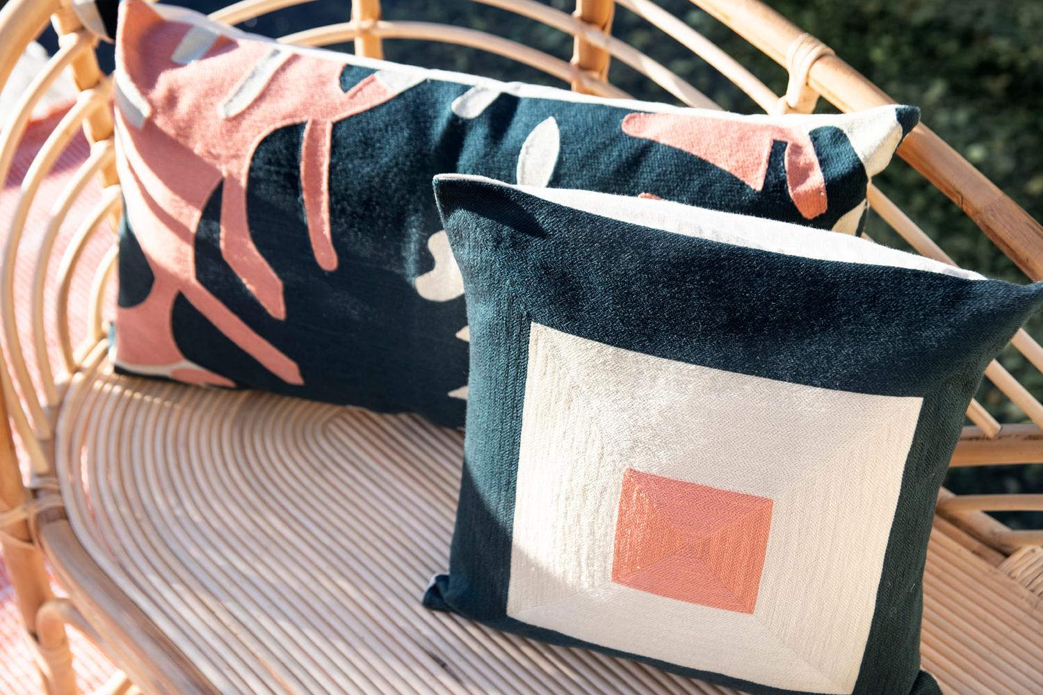 Embroidered 21st Century Modern Kilombo Home Embroidery Pillow Cotton Smart Navy Blue&Salmon For Sale