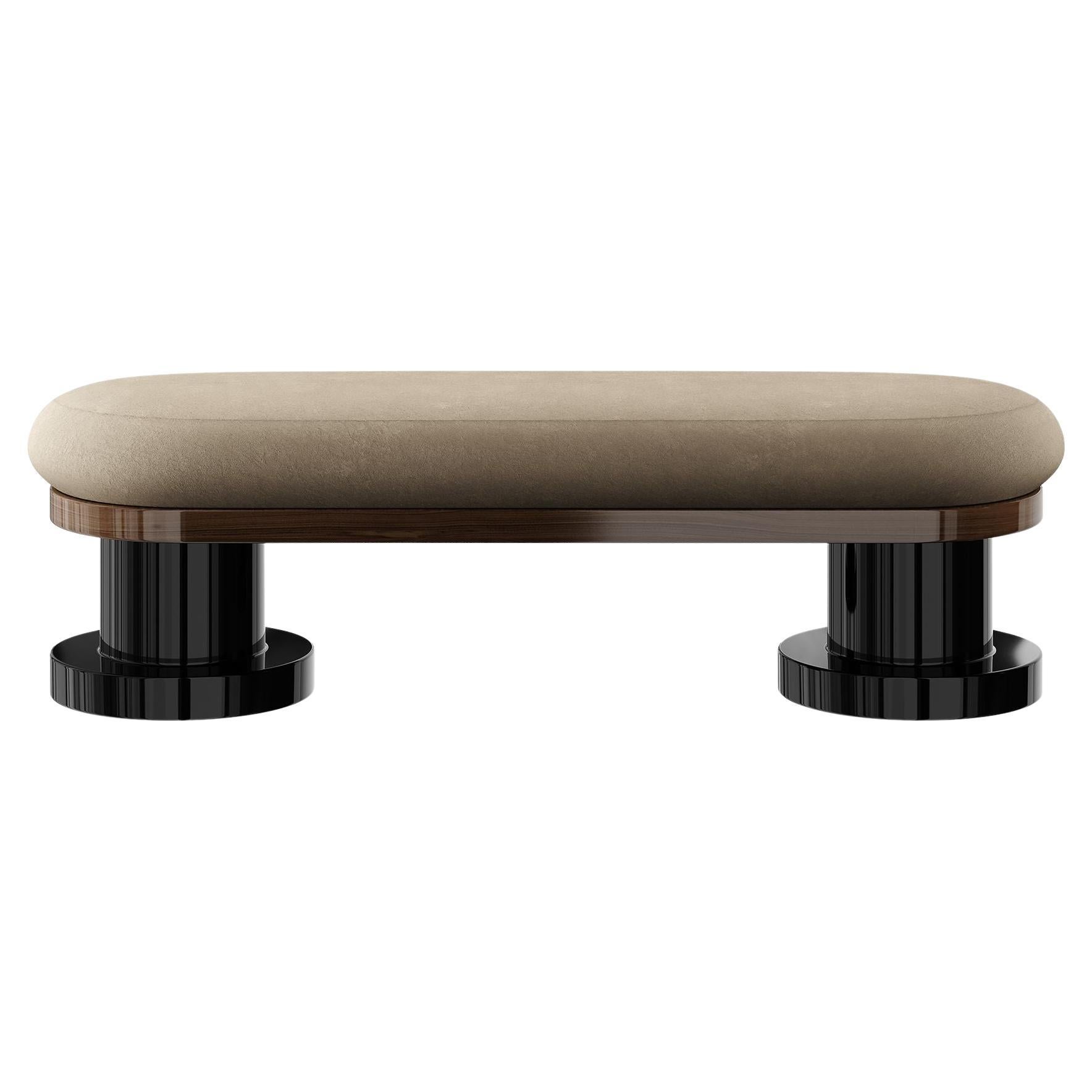 21st Century Modern Large Bench Beige Suede, Walnut Wood & Black Lacquered Base