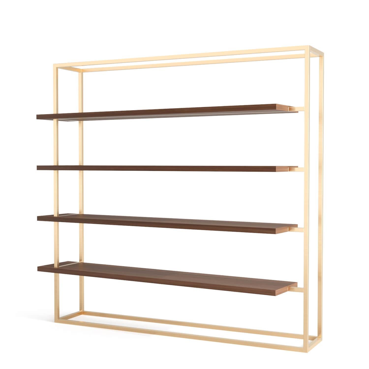 Modern Minimalist Large Bookcase with Shelves Oak Wood Brushed Stainless Steel For Sale 3