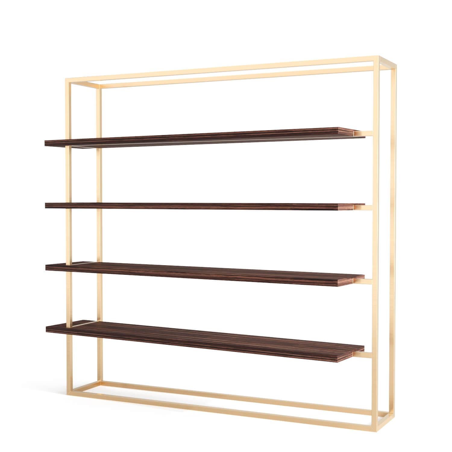 Modern Minimalist Large Bookcase with Shelves Oak Wood Brushed Stainless Steel For Sale 4