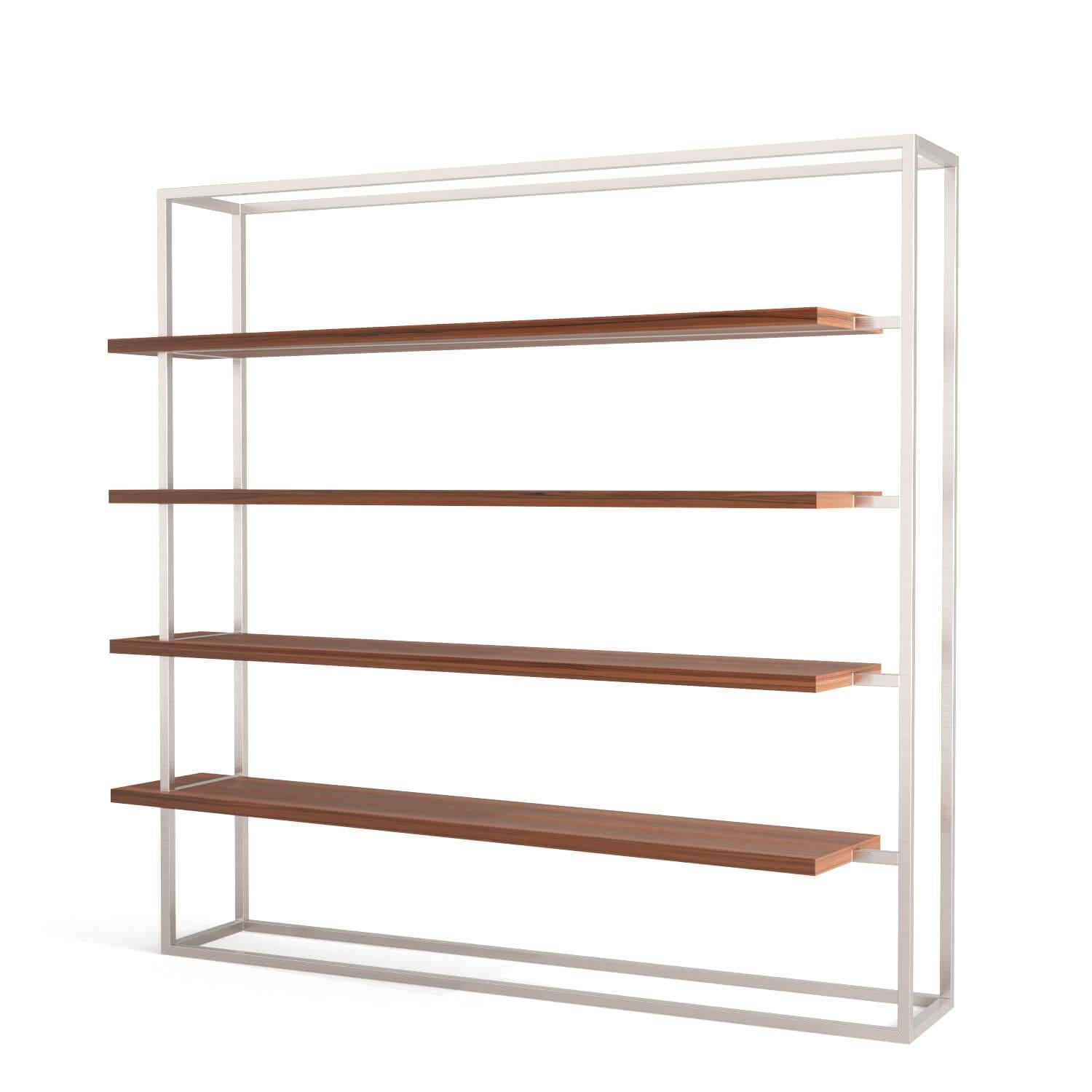 Modern Minimalist Large Bookcase with Shelves Oak Wood Brushed Stainless Steel For Sale 5