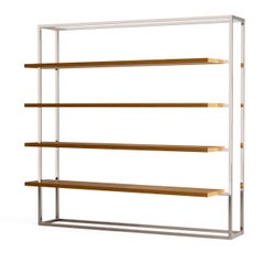 Modern Minimalist Large Bookcase with Shelves Oak Wood Brushed Stainless Steel
