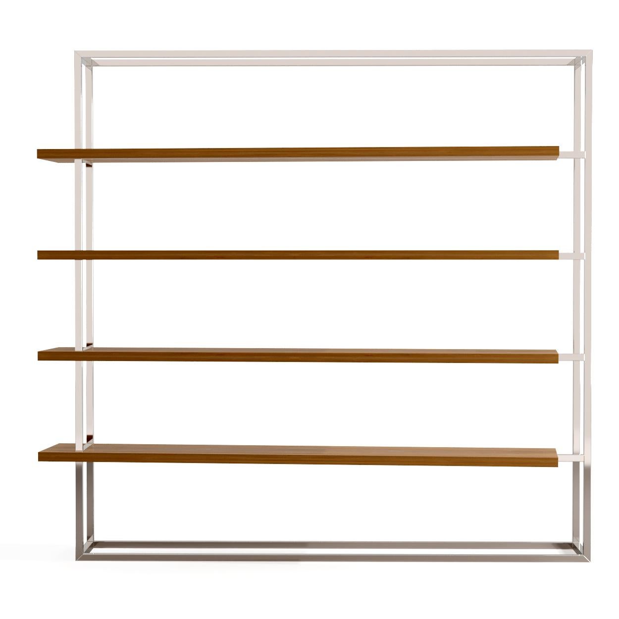 Portuguese Modern Minimalist Large Bookcase with Shelves Oak Wood Brushed Stainless Steel For Sale