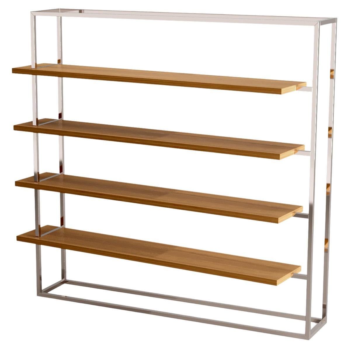 Modern Minimalist Large Bookcase with Shelves Oak Wood Brushed Stainless Steel For Sale