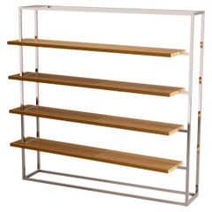 Modern Minimalist Large Bookcase with Shelves Oak Wood Brushed Stainless Steel