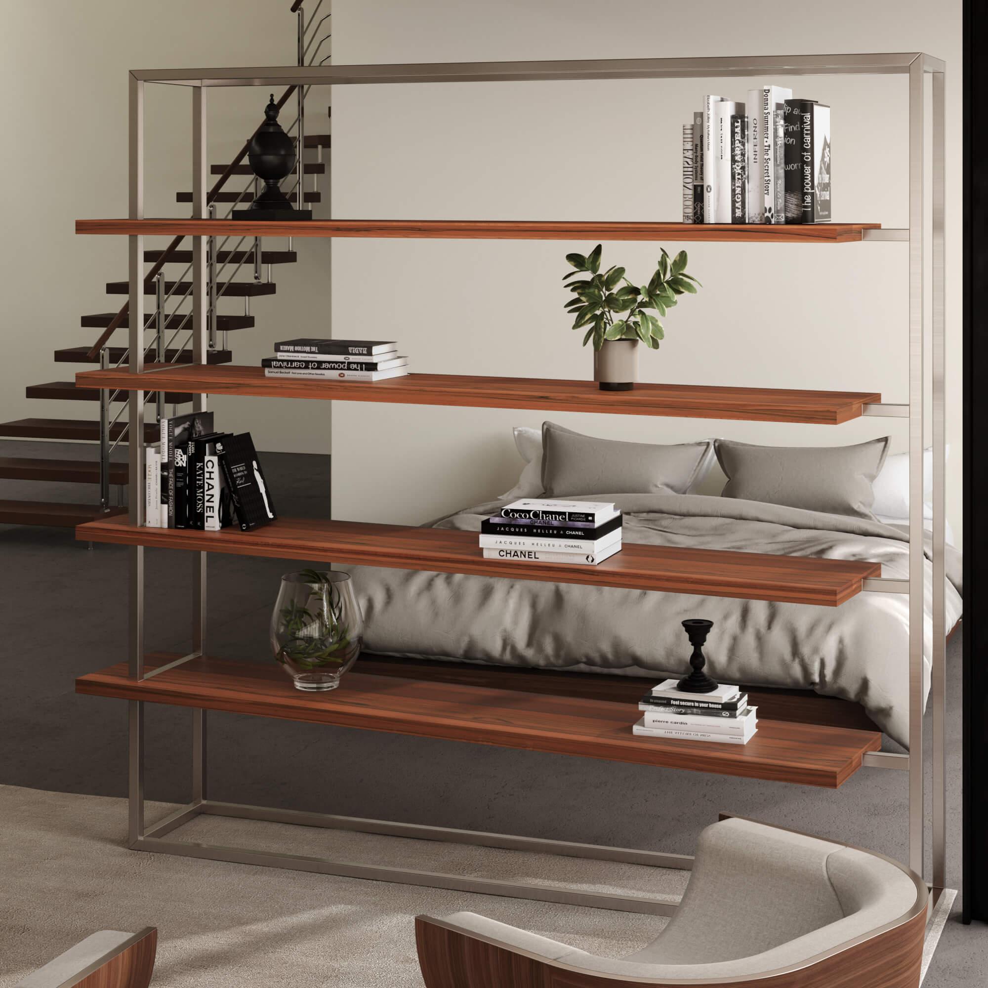 Modernes, minimalistisches, großes Bücherregal mit Regalen aus Nussbaumholz und gebürstetem Messing im Angebot 2