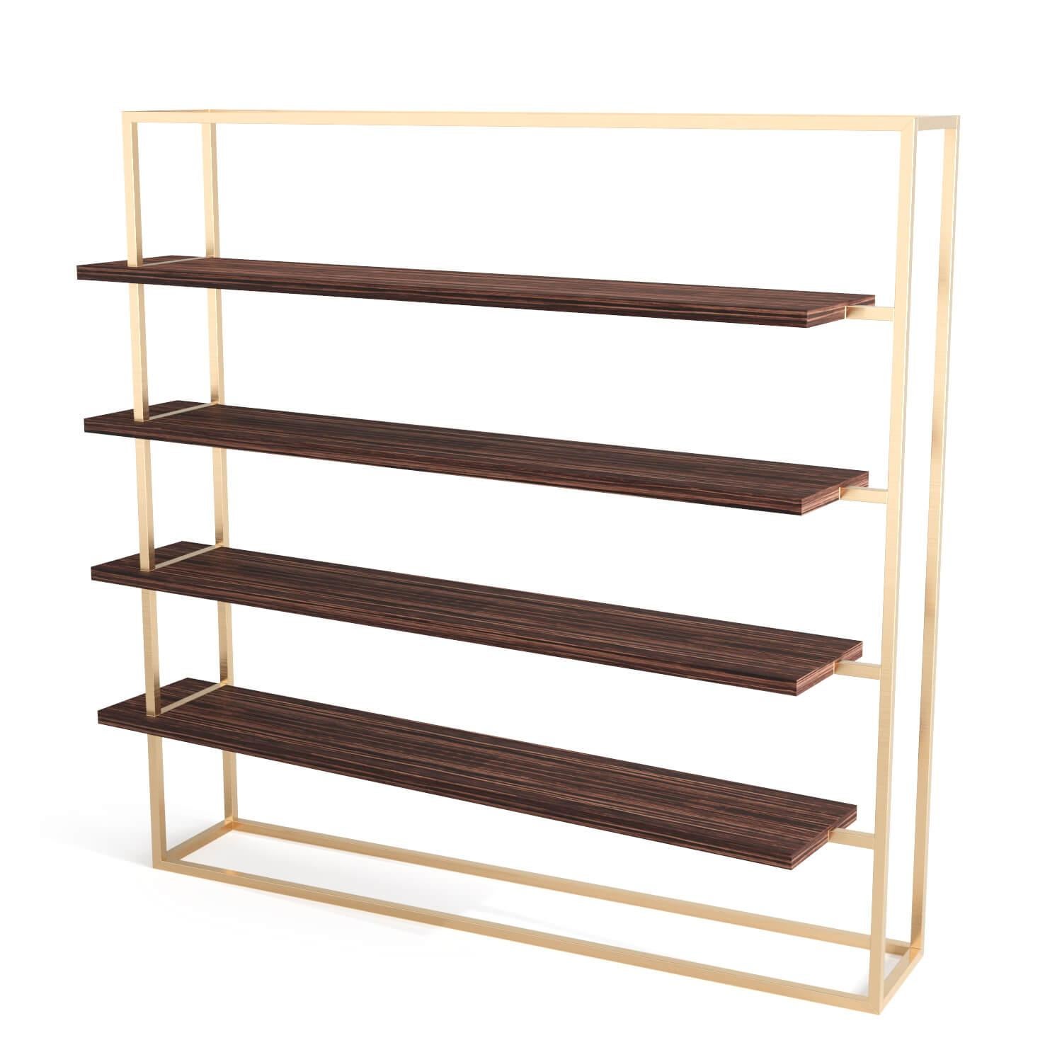 Modern Minimalist Large Bookcase with Shelves in Walnut Wood and Brushed Brass For Sale 3