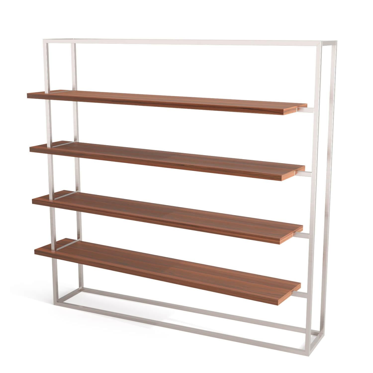 Modernes, minimalistisches, großes Bücherregal mit Regalen aus Nussbaumholz und gebürstetem Messing im Angebot 3