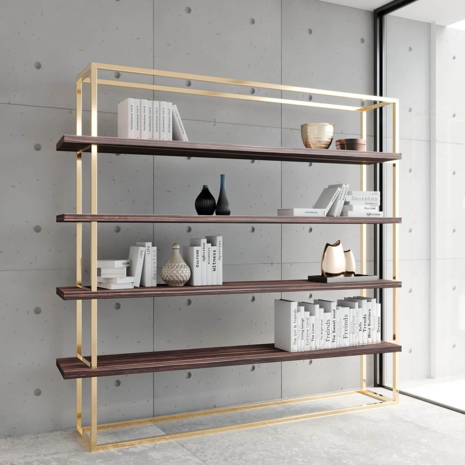 Modern Minimalist Large Bookcase with Shelves in Walnut Wood and Brushed Brass In New Condition For Sale In Vila Nova Famalicão, PT