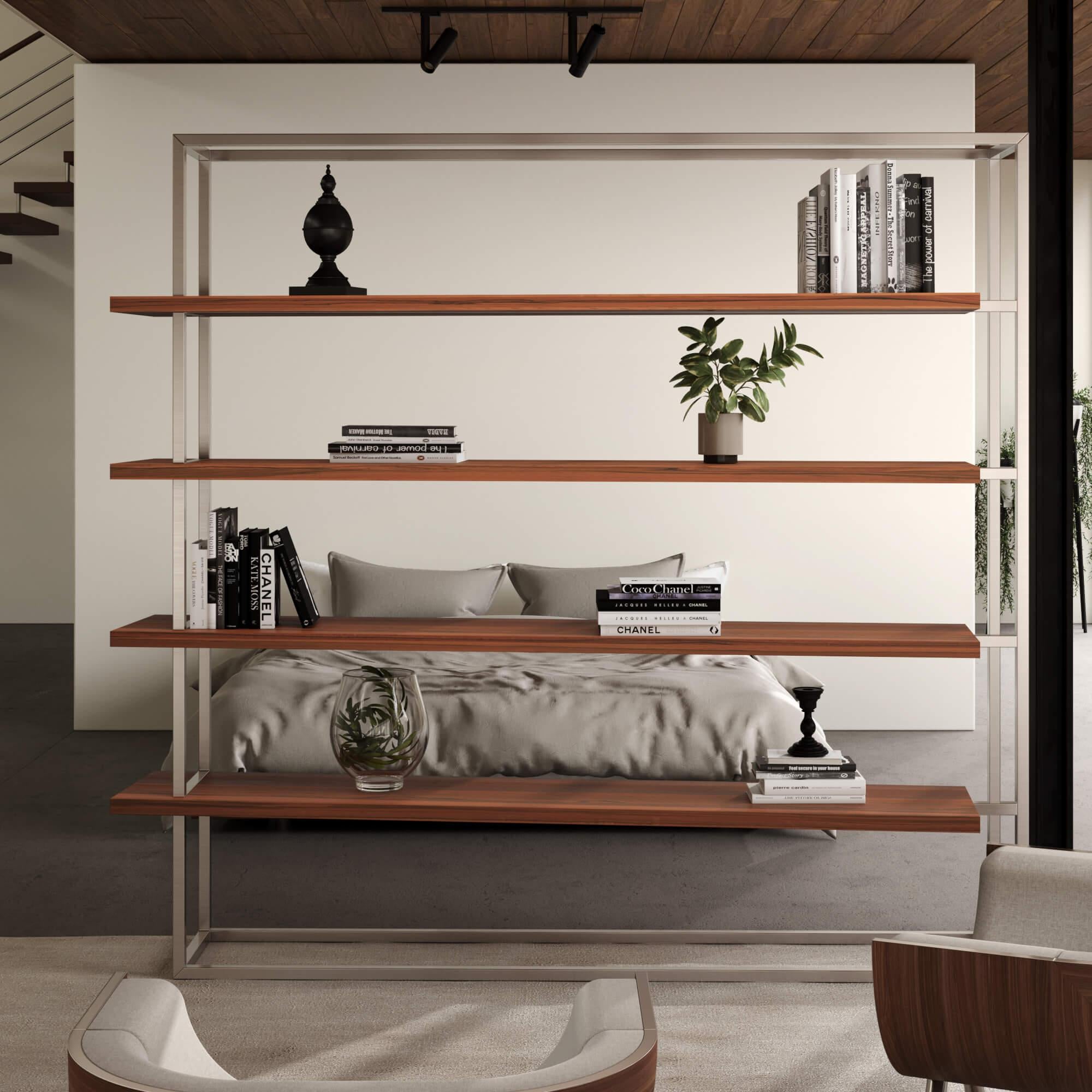 Modern Minimalist Large Bookcase with Shelves in Walnut Wood and Brushed Brass For Sale 1