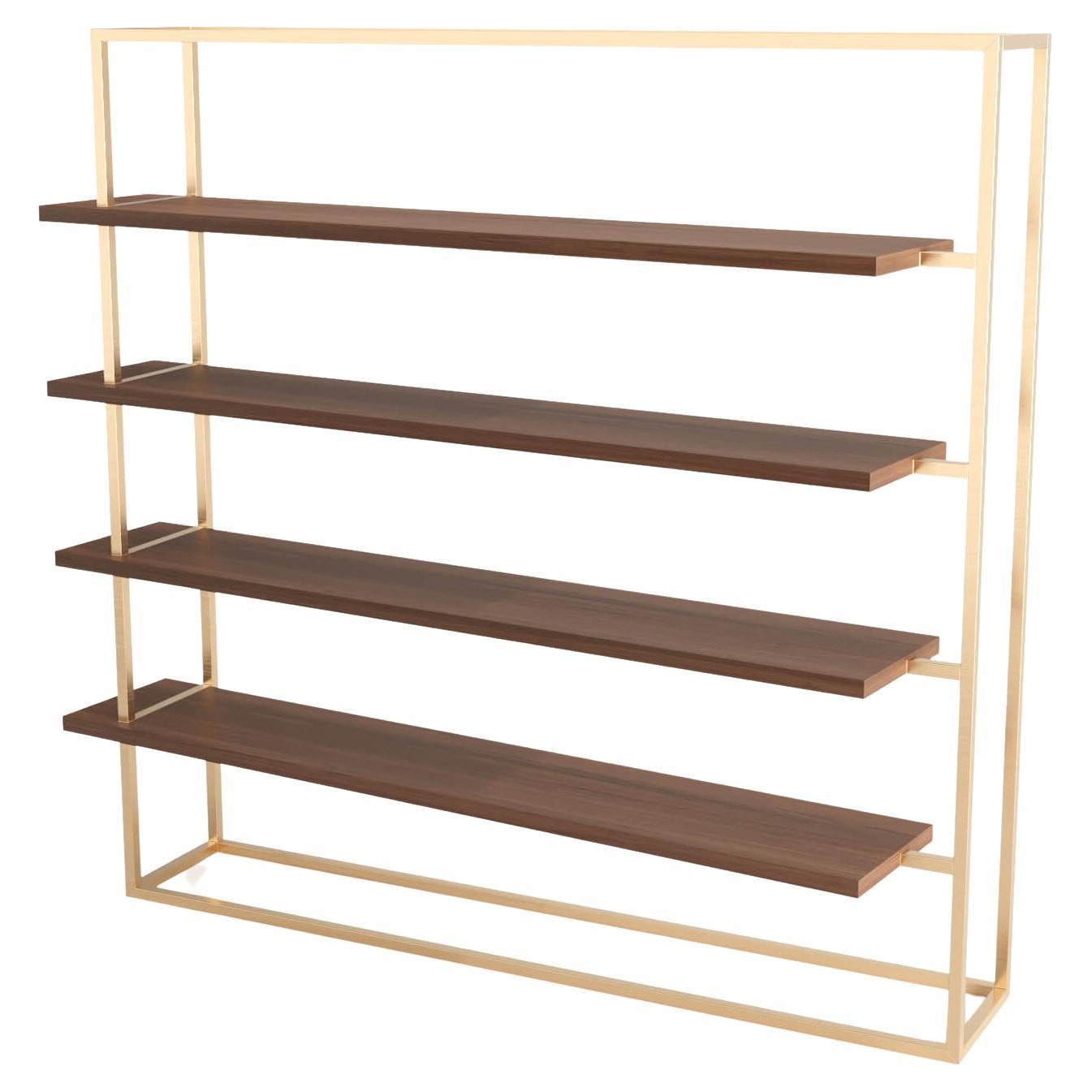 The Moderns Minimalist Large Bookcase with Shelves in Walnut Wood and Brushed Brass (Grande bibliothèque moderne et minimaliste avec étagères en bois de noyer et laiton brossé) en vente