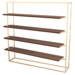 21st Century Modern Large Bookcase with Shelves in Walnut Wood and Brushed Brass