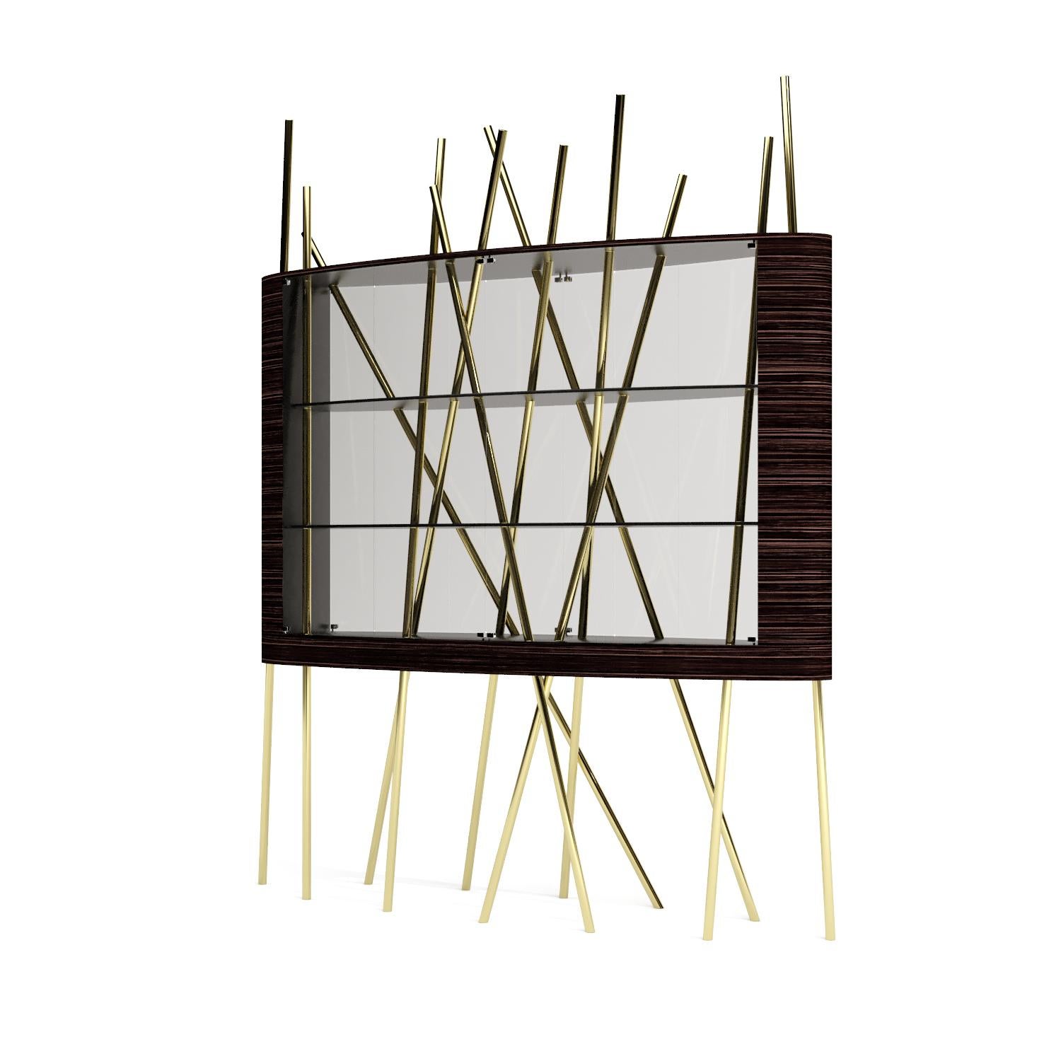 The Moderns Large Vitrine Display Case Black Oak Wood Black Lacquer Brushed Copper en vente 8
