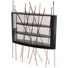 Large Vitrine Display Case in Black Oak Wood, Black Lacquer and Brushed Copper