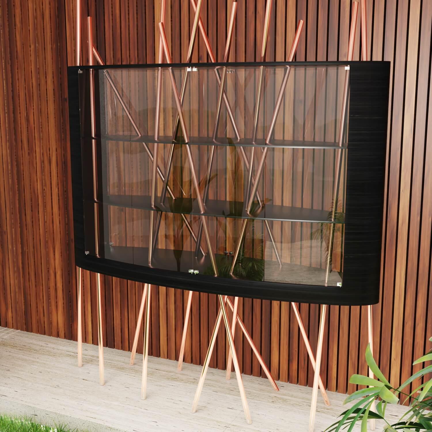 Modern Large Vitrine Display Case Black Oak Wood Black Lacquer Brushed Copper In New Condition For Sale In Vila Nova Famalicão, PT