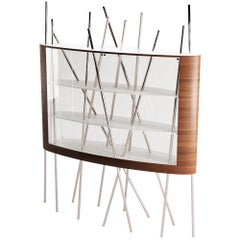 Large Vitrine Display Case Walnut Wood, White Lacquer & Brushed Stainless Steel