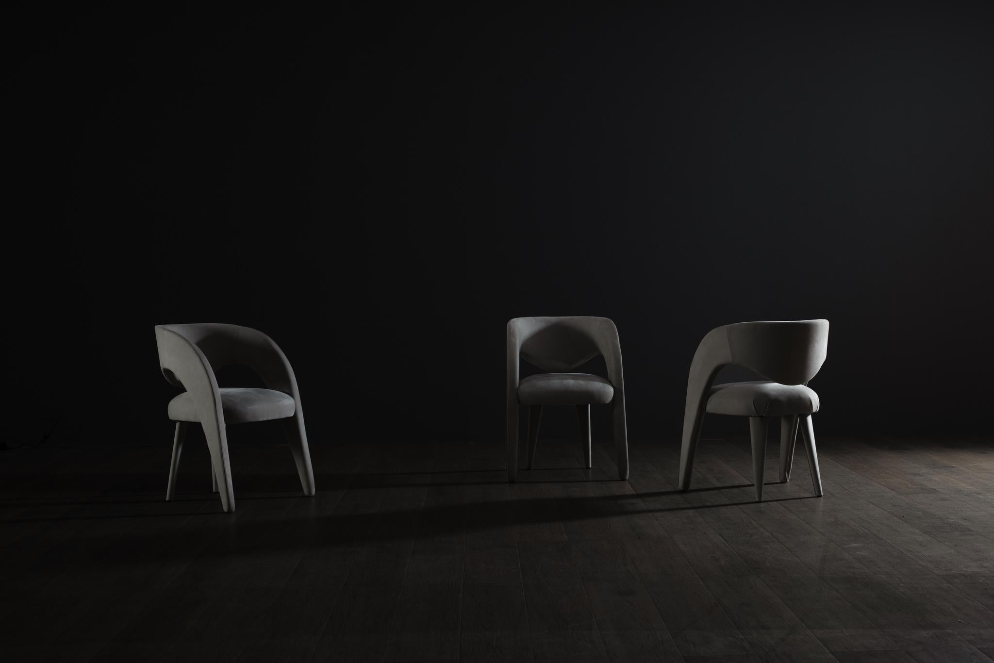 Modern Laurence Dining Chairs, Leather, Velvet Jacquard, Handmade by Greenapple For Sale 6