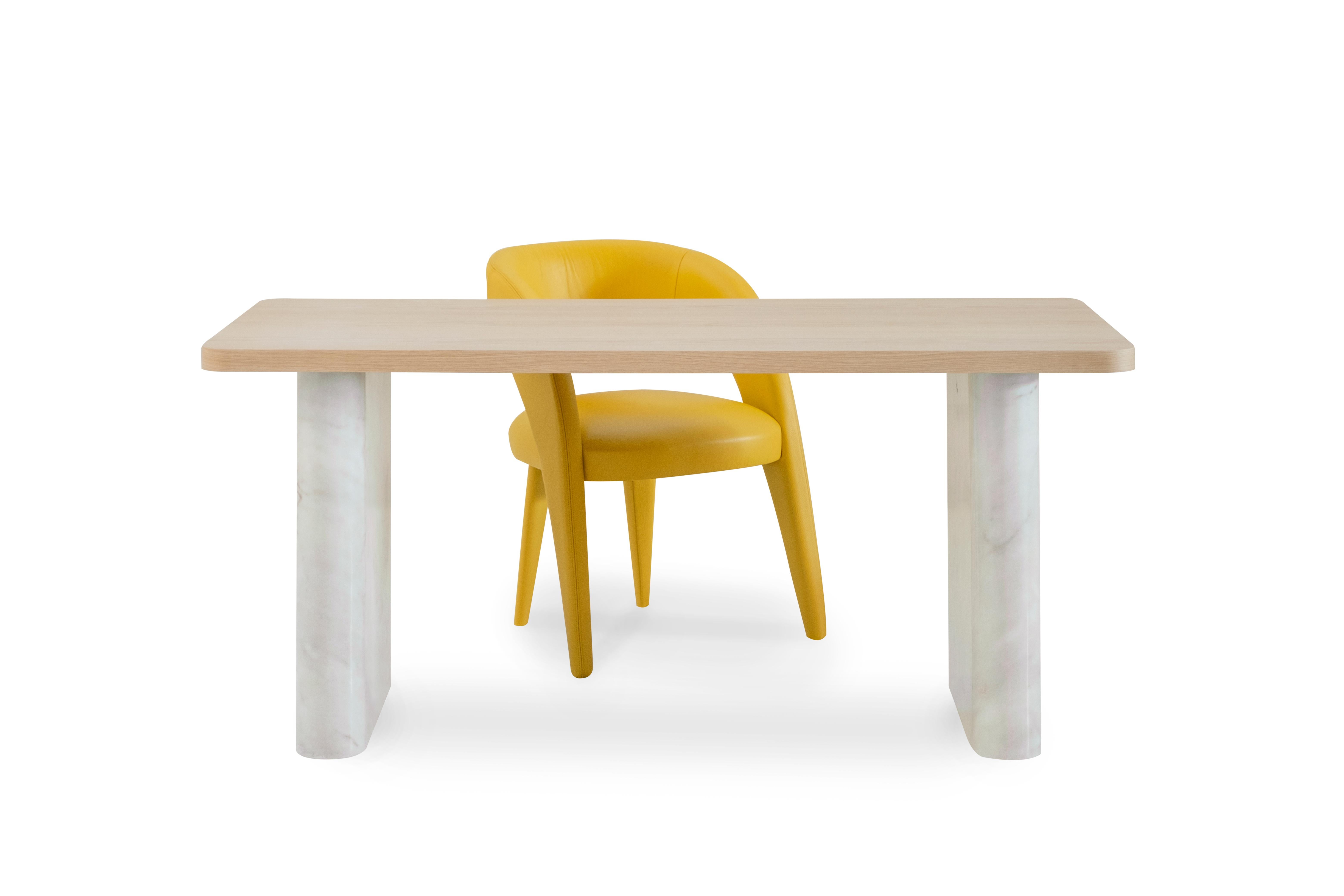 Hand-Crafted Modern Laurence Dining Chairs, Yellow Leather, Handmade Portugal by Greenapple For Sale