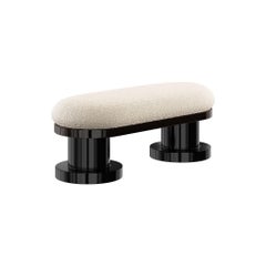 21st Century Modern Minimal Bench White Boucle Black Lacquered Roundes Legs