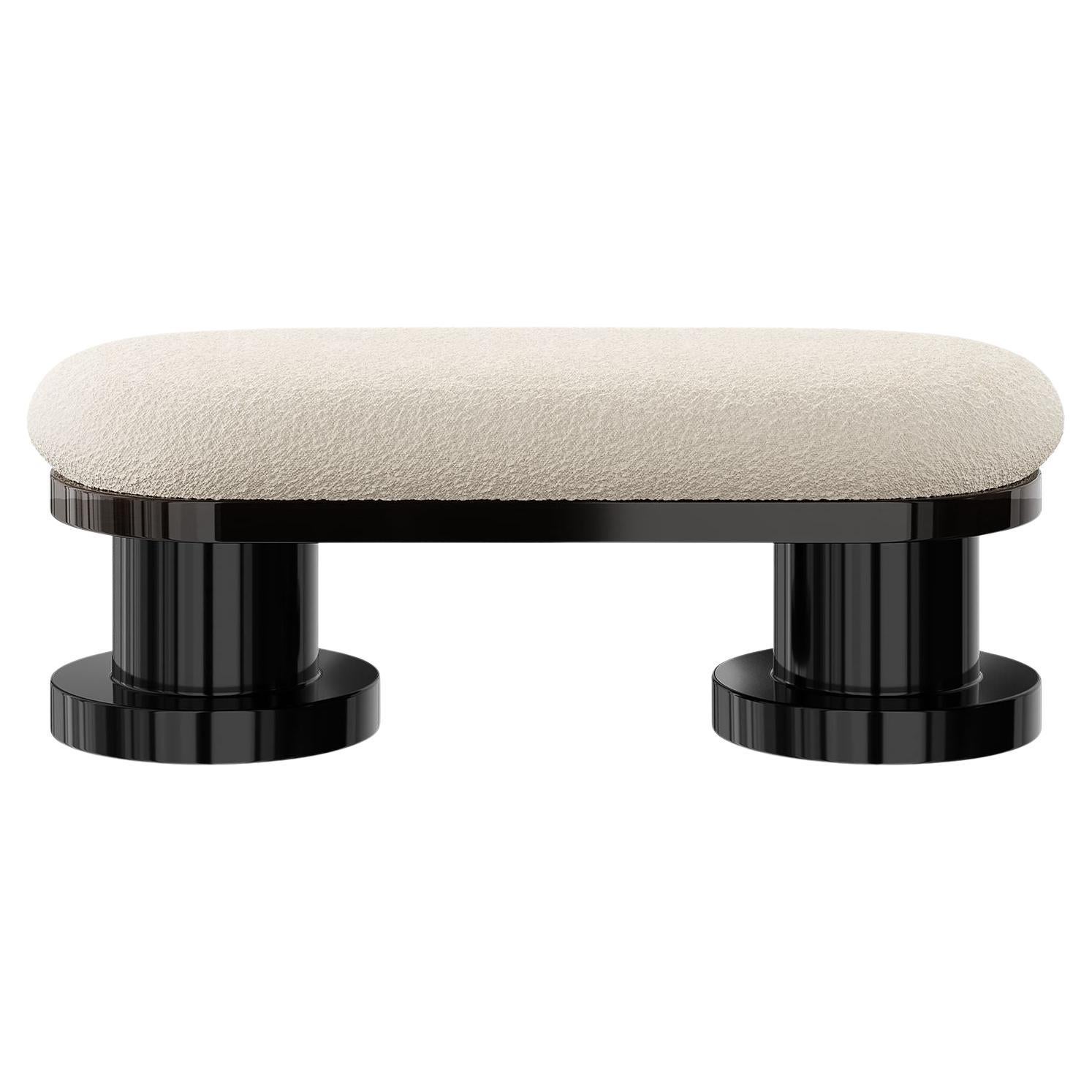 21st Century Modern Minimal Bench White Boucle Black Lacquered Roundes Legs