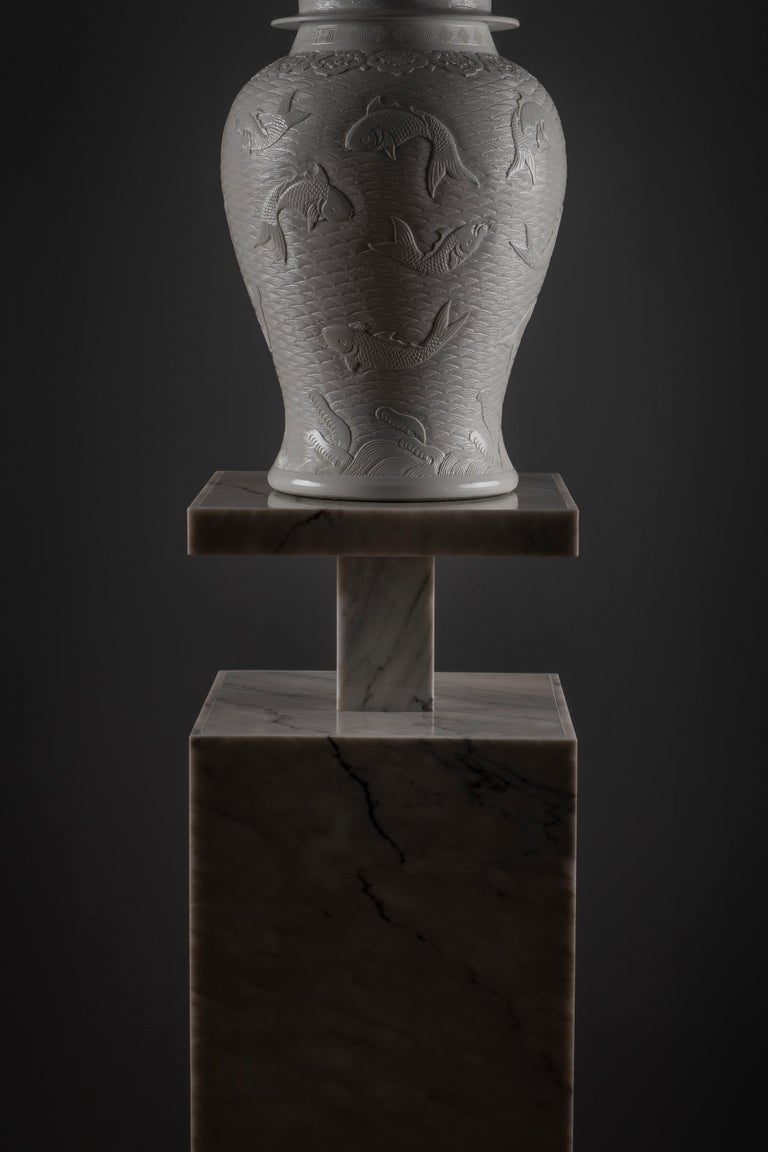 Modern Monique Pedestal Stand Calacatta Cremo Marble by Greenapple For Sale 4