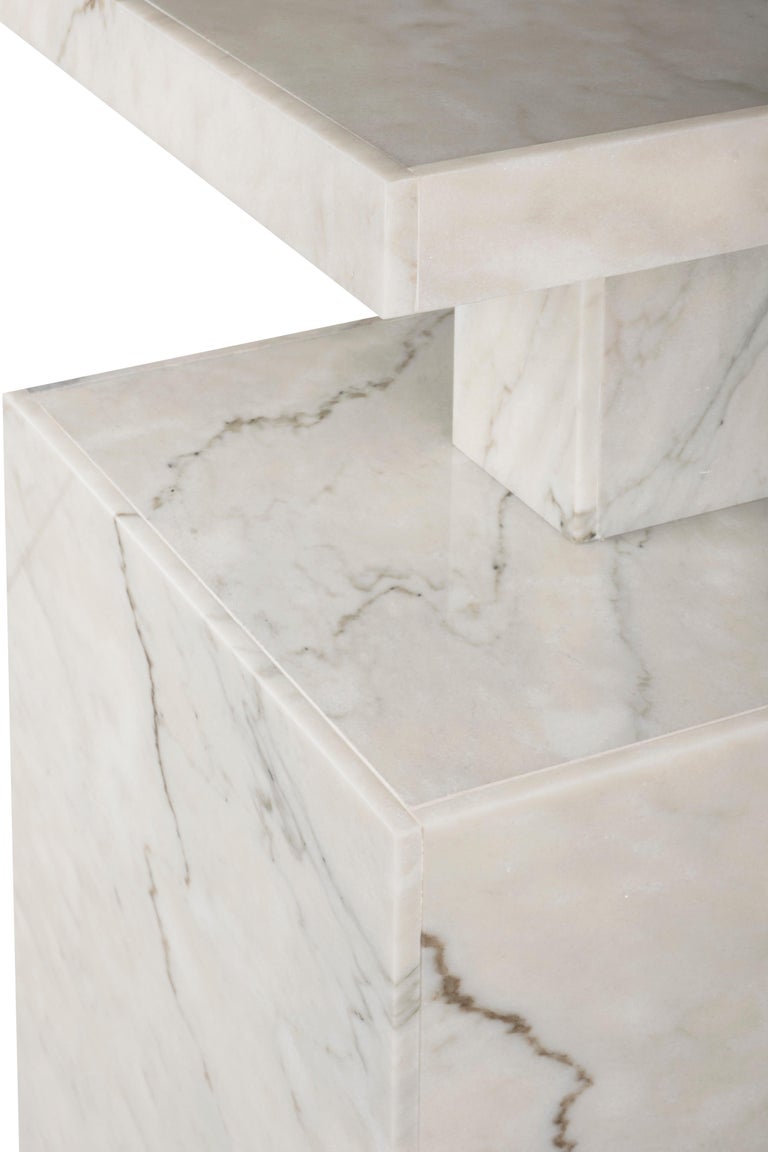 Wood Modern Monique Pedestal Stand Calacatta Cremo Marble by Greenapple For Sale