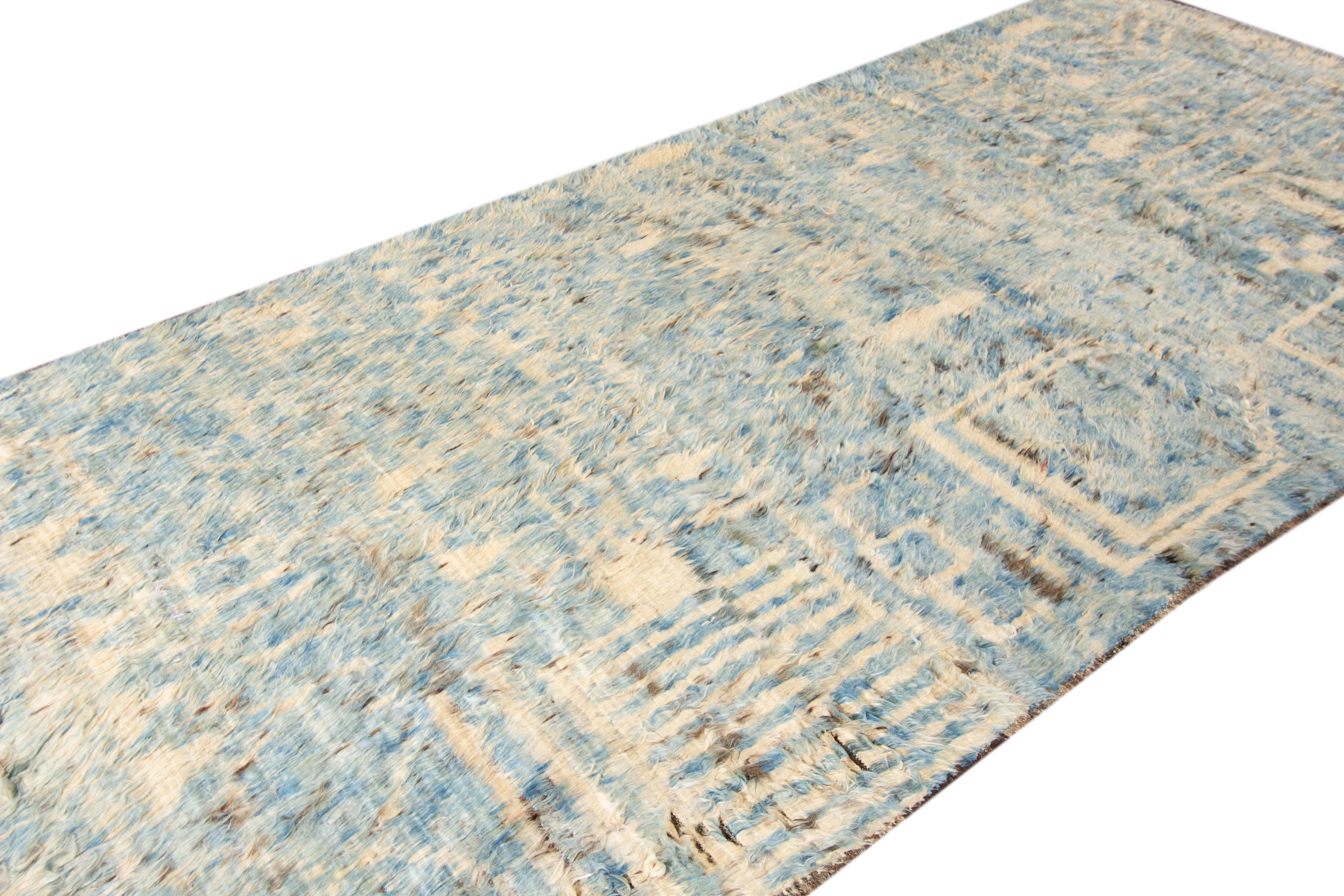 Contemporary Blue Moroccan Berber-Style Wool Rug With Tribal Design For Sale 1
