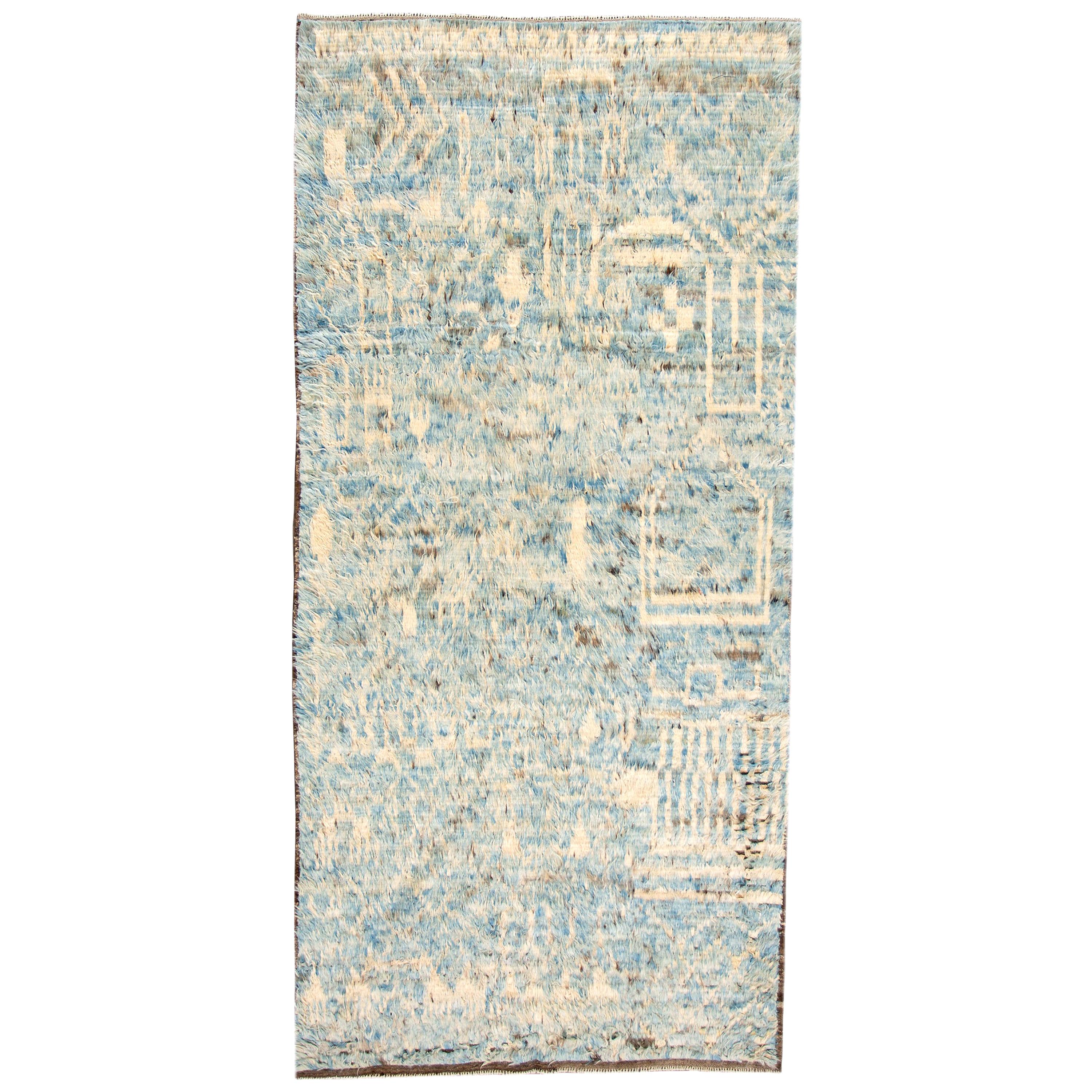 Contemporary Blue Moroccan Berber-Style Wool Rug With Tribal Design For Sale