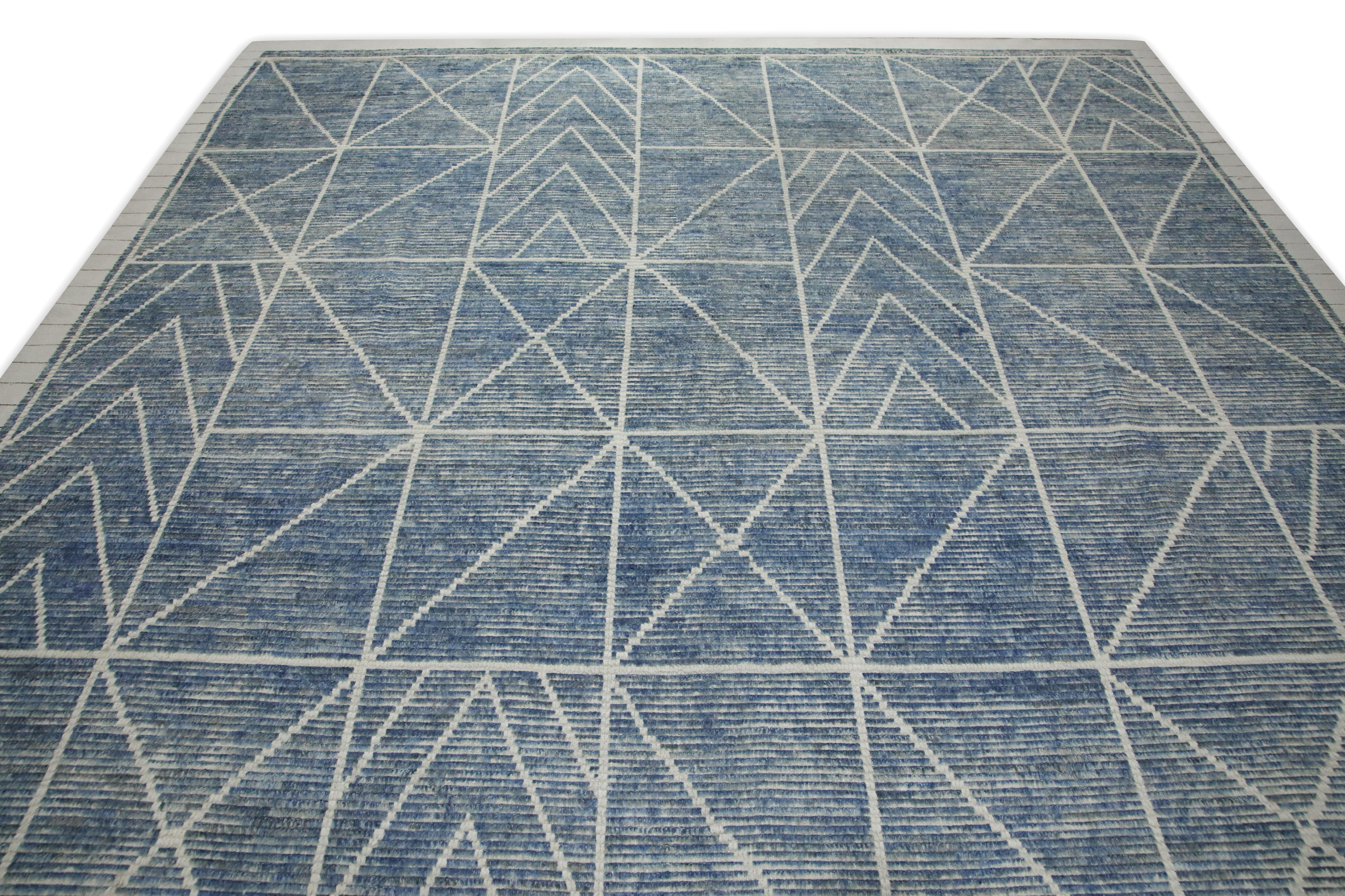 Vegetable Dyed 21st Century Modern Moroccan Style Wool Rug in Blue Design 10'3