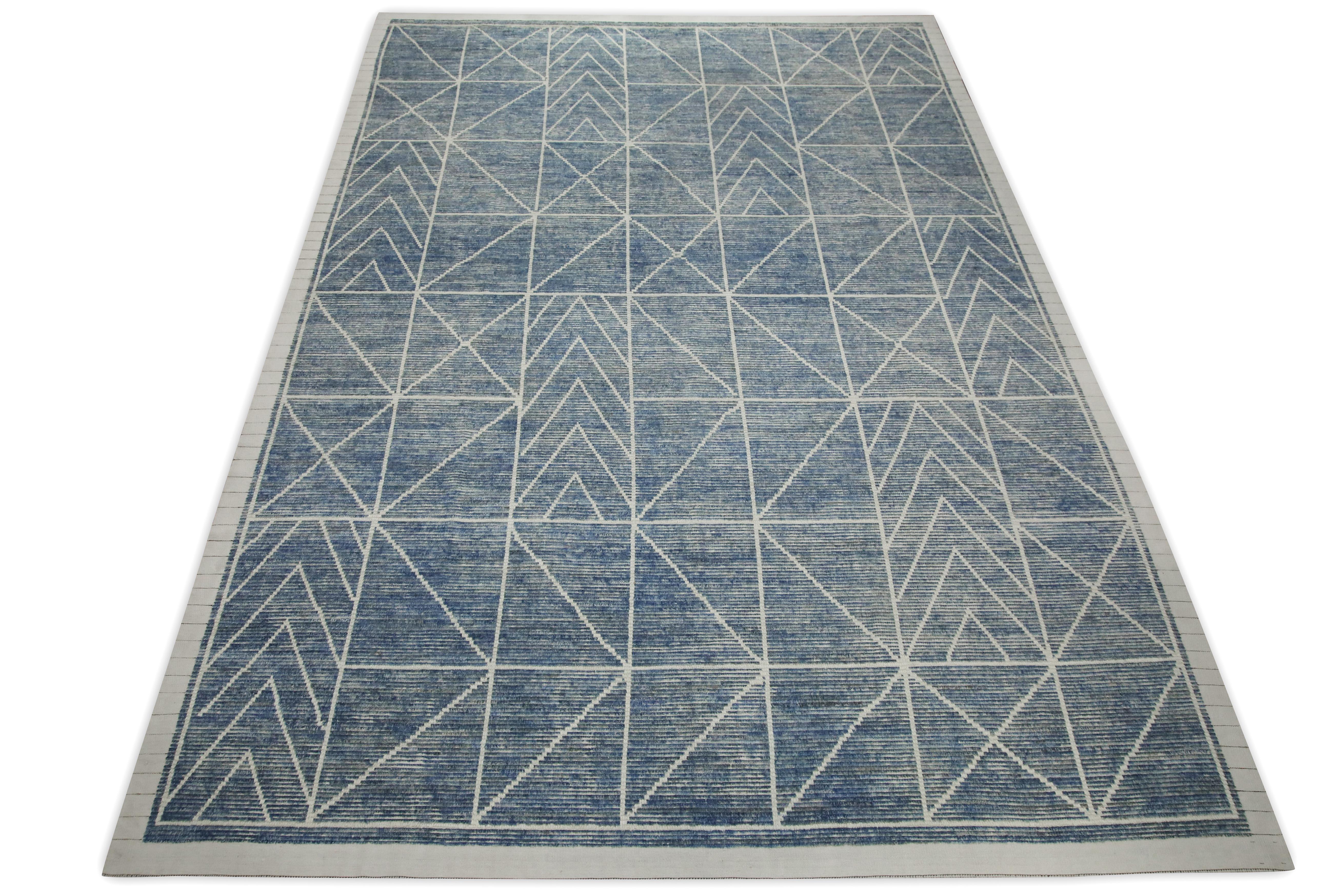 Contemporary 21st Century Modern Moroccan Style Wool Rug in Blue Design 10'3