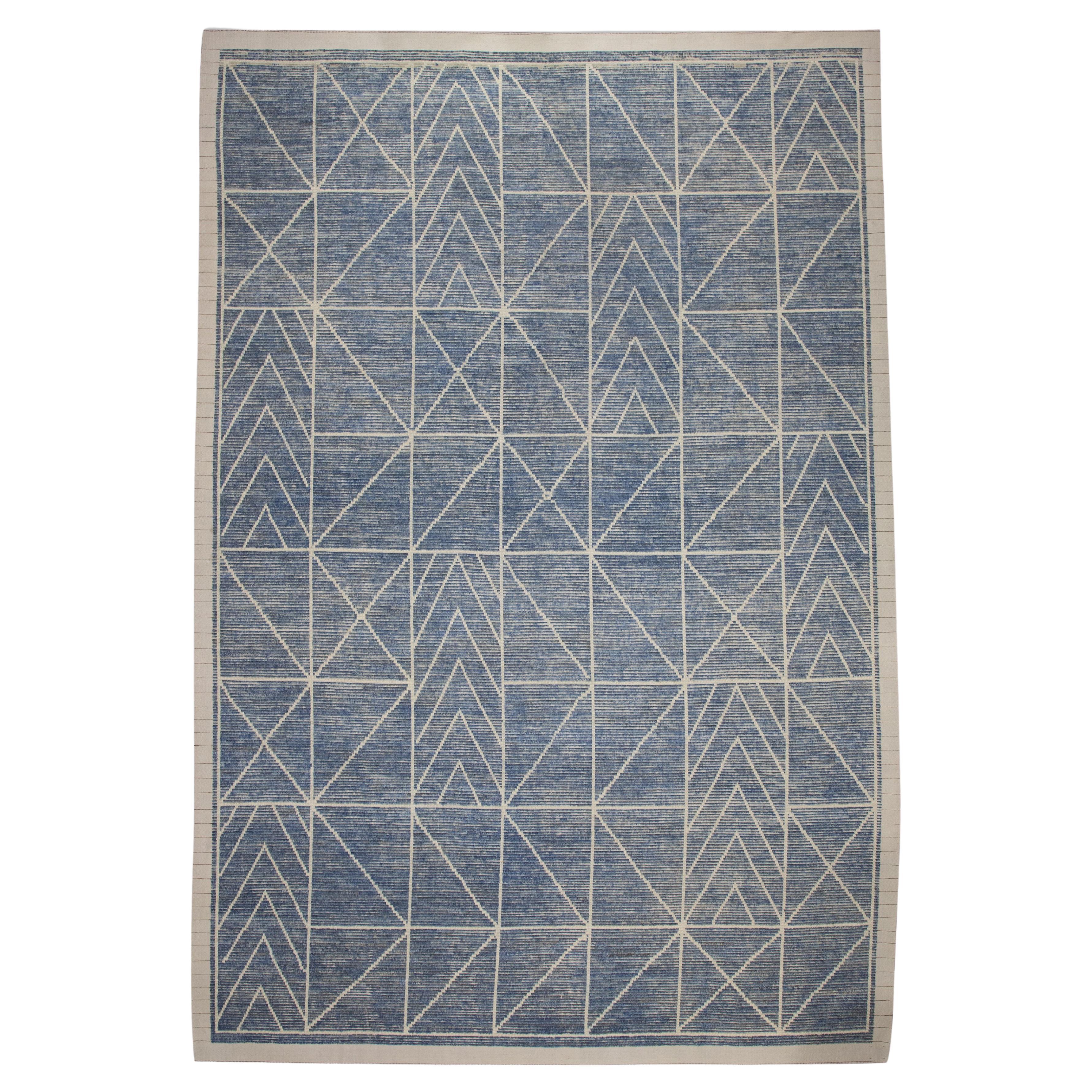 21st Century Modern Moroccan Style Wool Rug in Blue Design 10'3" X 14'9" For Sale