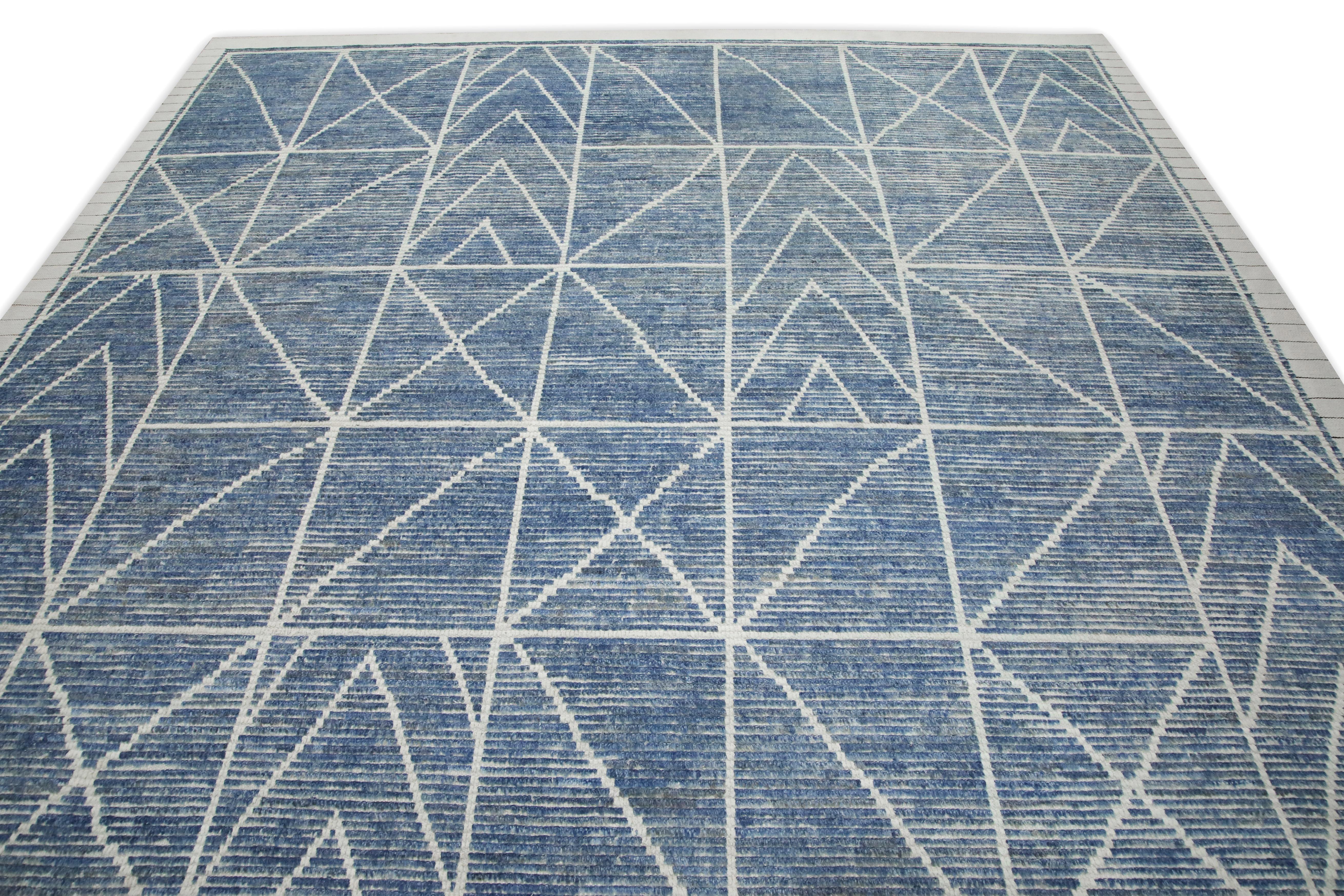 Vegetable Dyed 21st Century Modern Moroccan Style Wool Rug in Blue Design 9'1