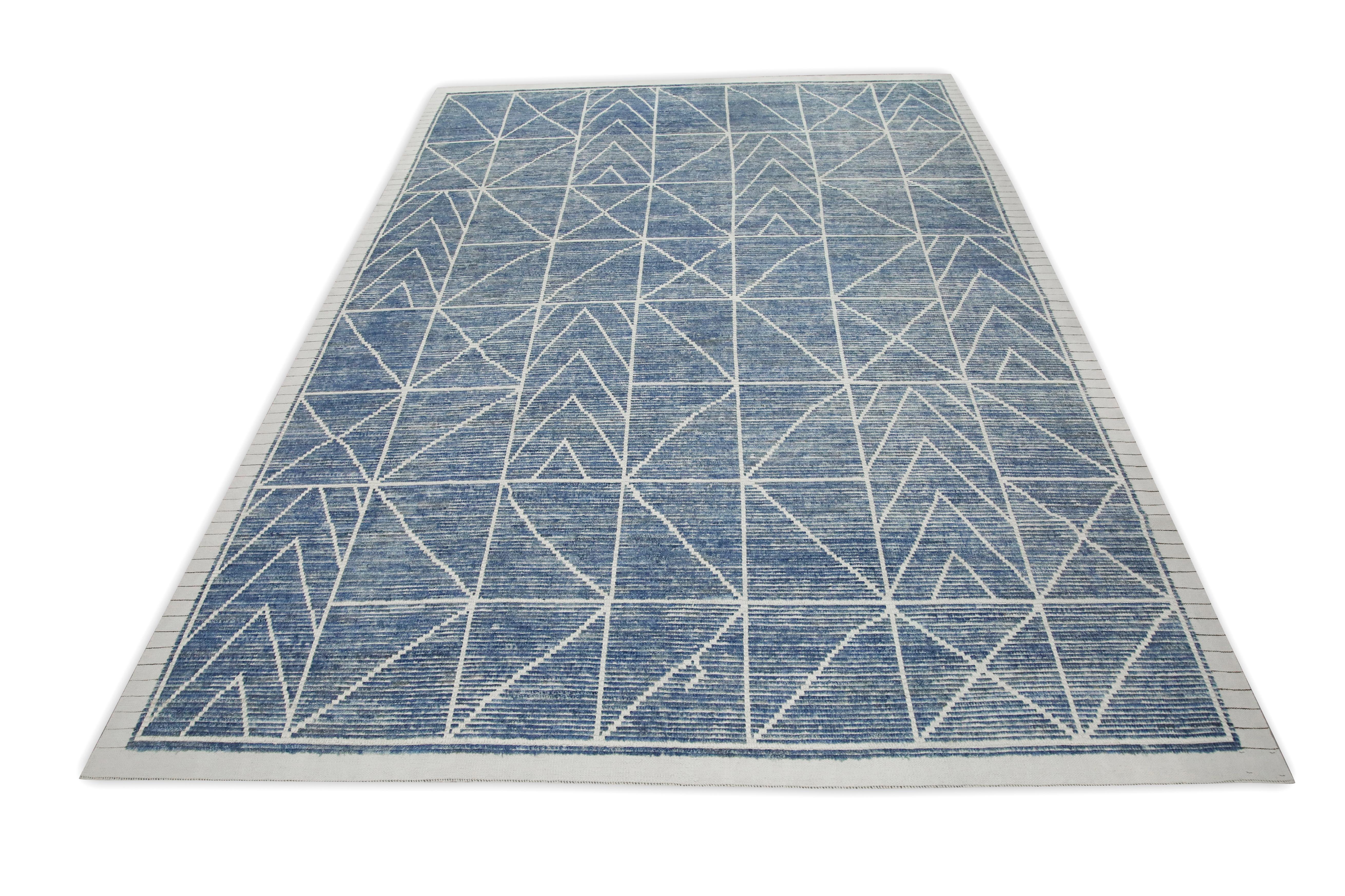 Contemporary 21st Century Modern Moroccan Style Wool Rug in Blue Design 9'1