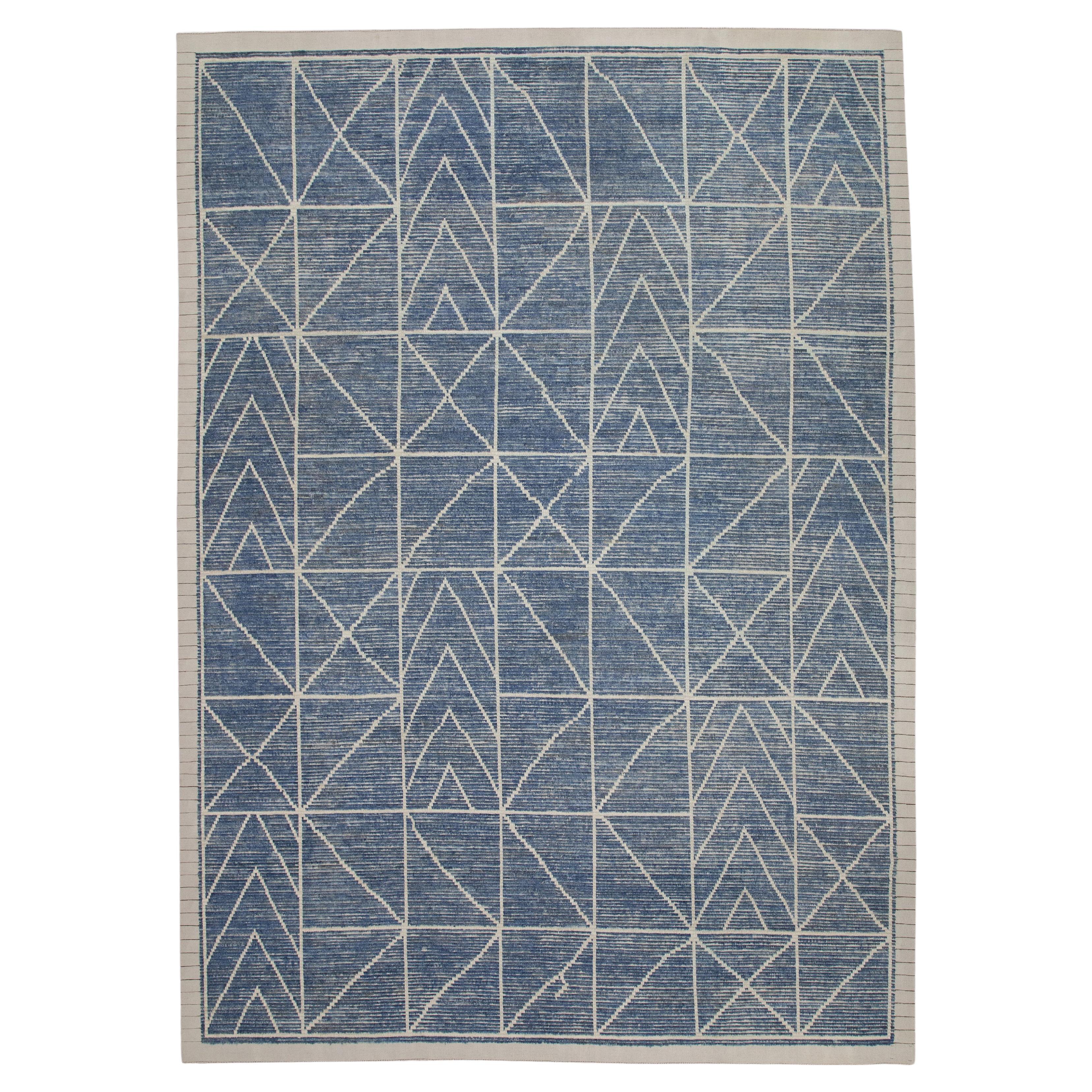 21st Century Modern Moroccan Style Wool Rug in Blue Design 9'1" X 12'5" For Sale
