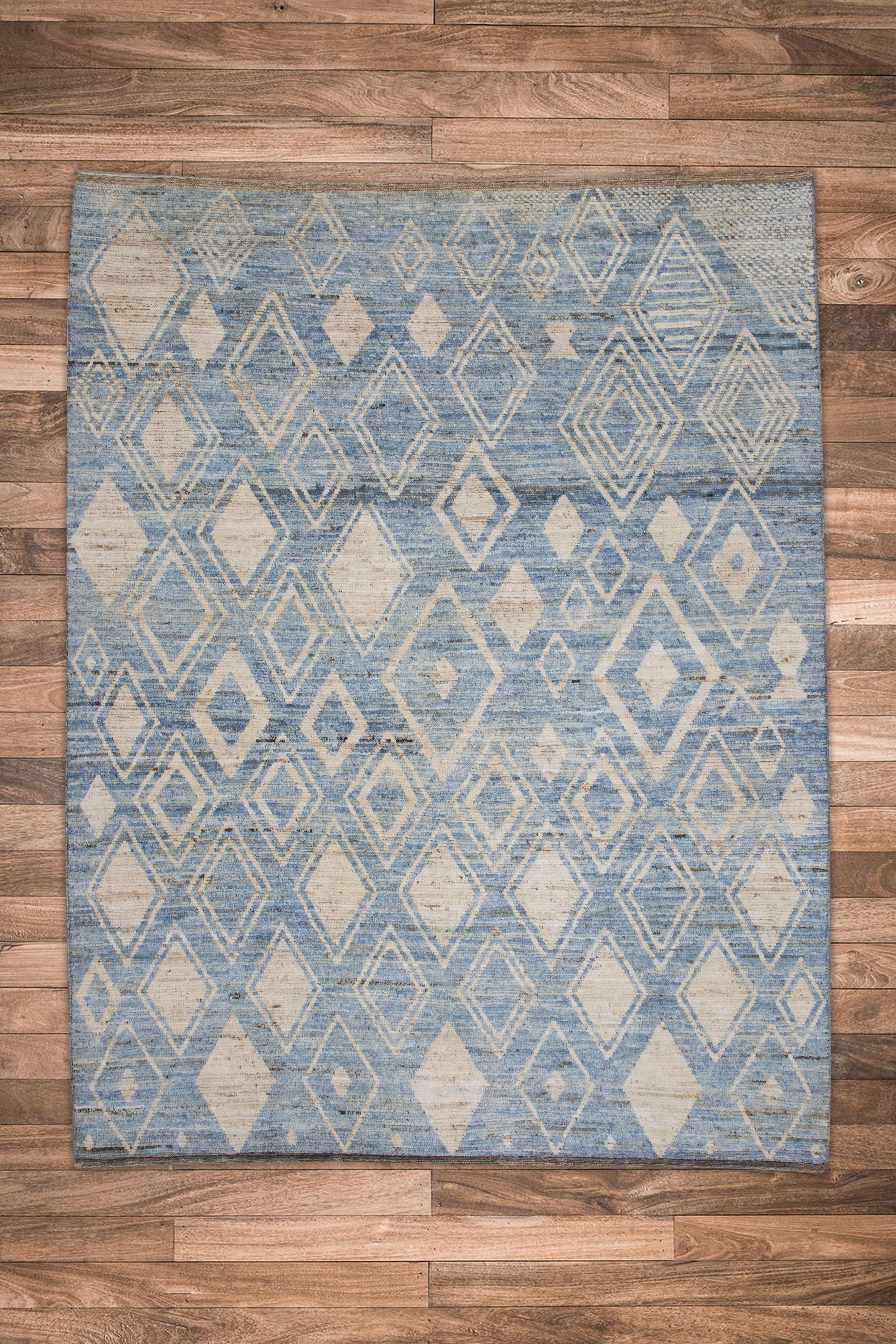 Moderner marokkanischer Wollteppich im Stil des 21. Jahrhunderts in blauem Design 9'4