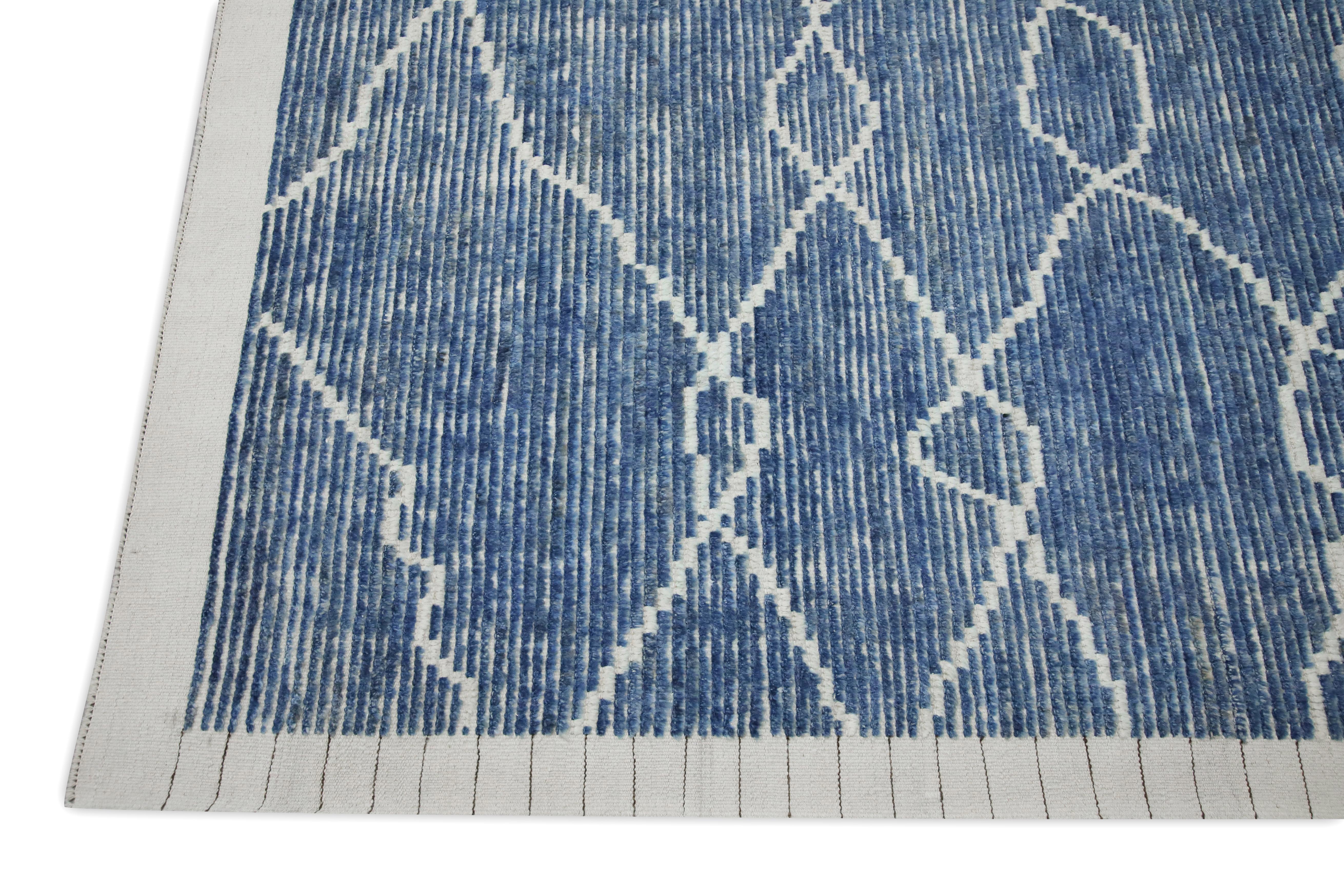 Turkish 21st Century Modern Moroccan Style Wool Rug in Blue Design 9'5