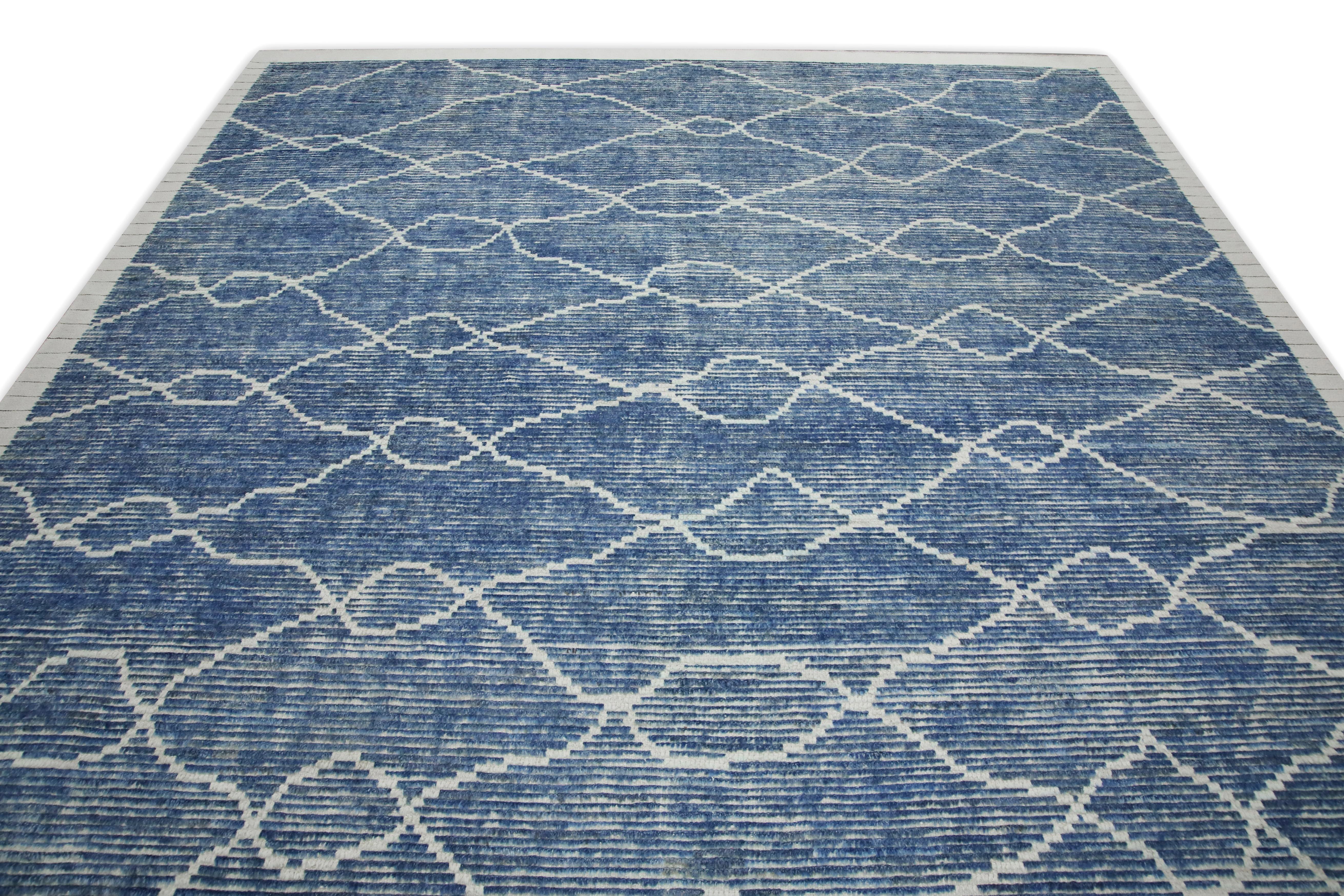 Vegetable Dyed 21st Century Modern Moroccan Style Wool Rug in Blue Design 9'5
