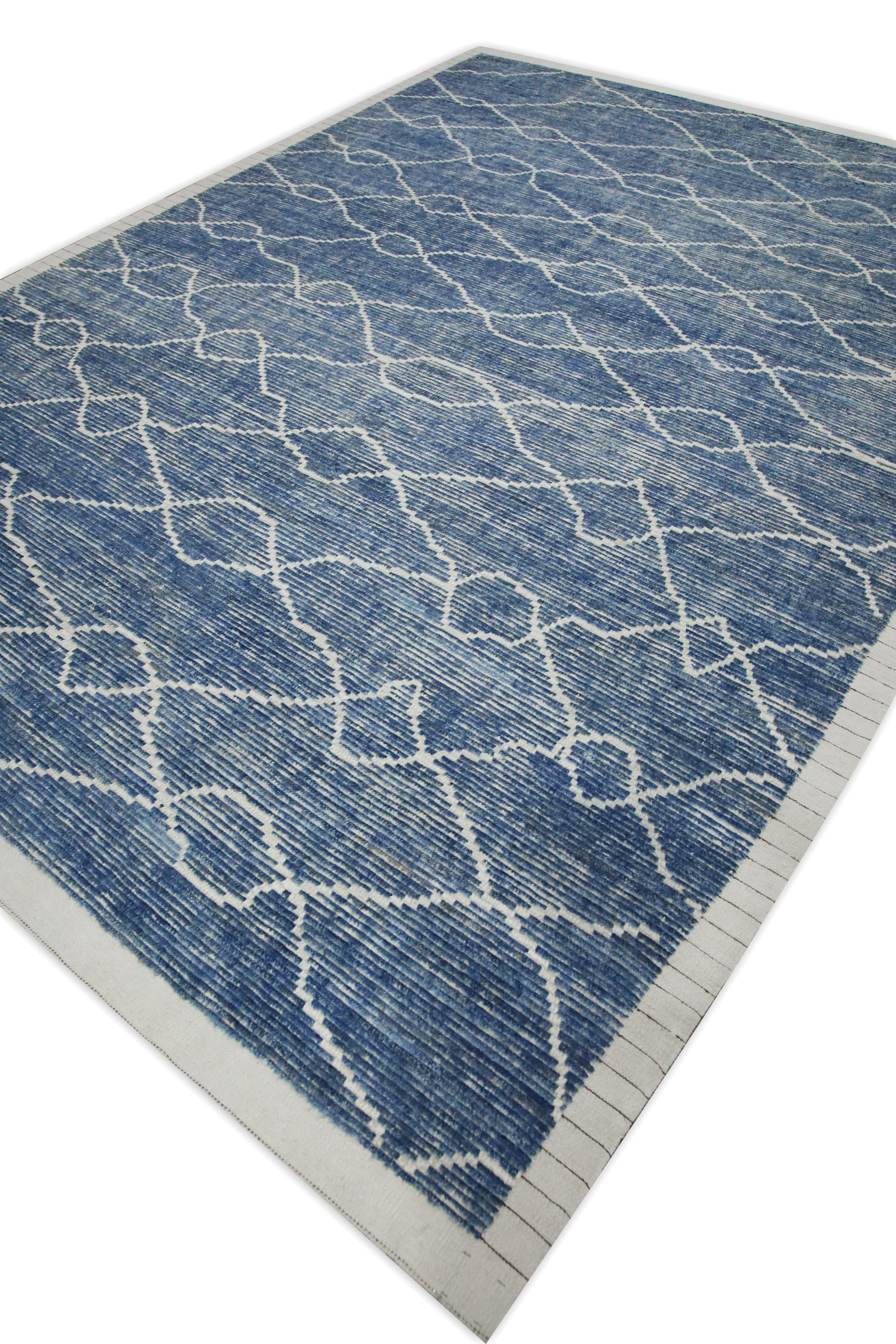 21st Century Modern Moroccan Style Wool Rug in Blue Design 9'5