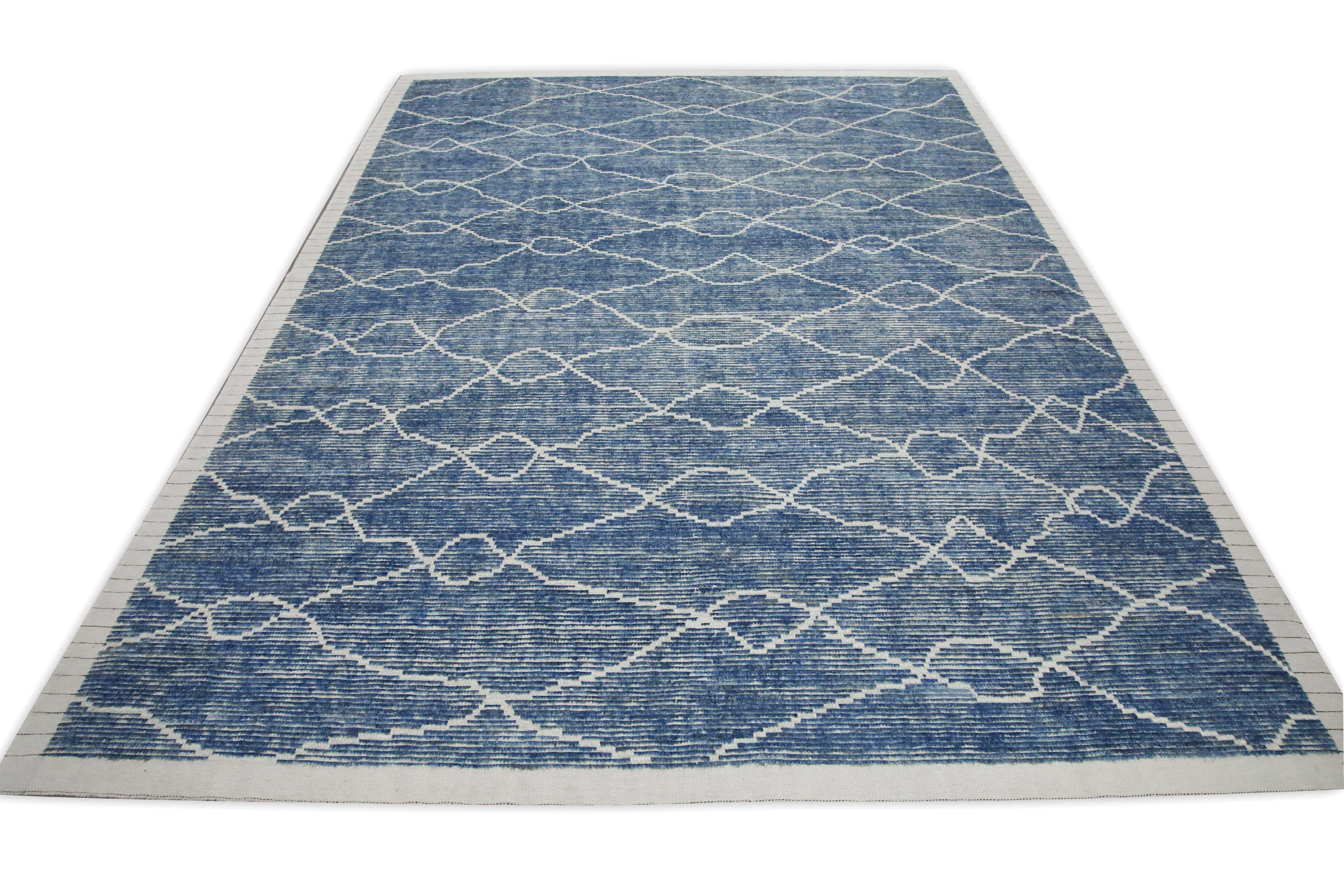 Contemporary 21st Century Modern Moroccan Style Wool Rug in Blue Design 9'5