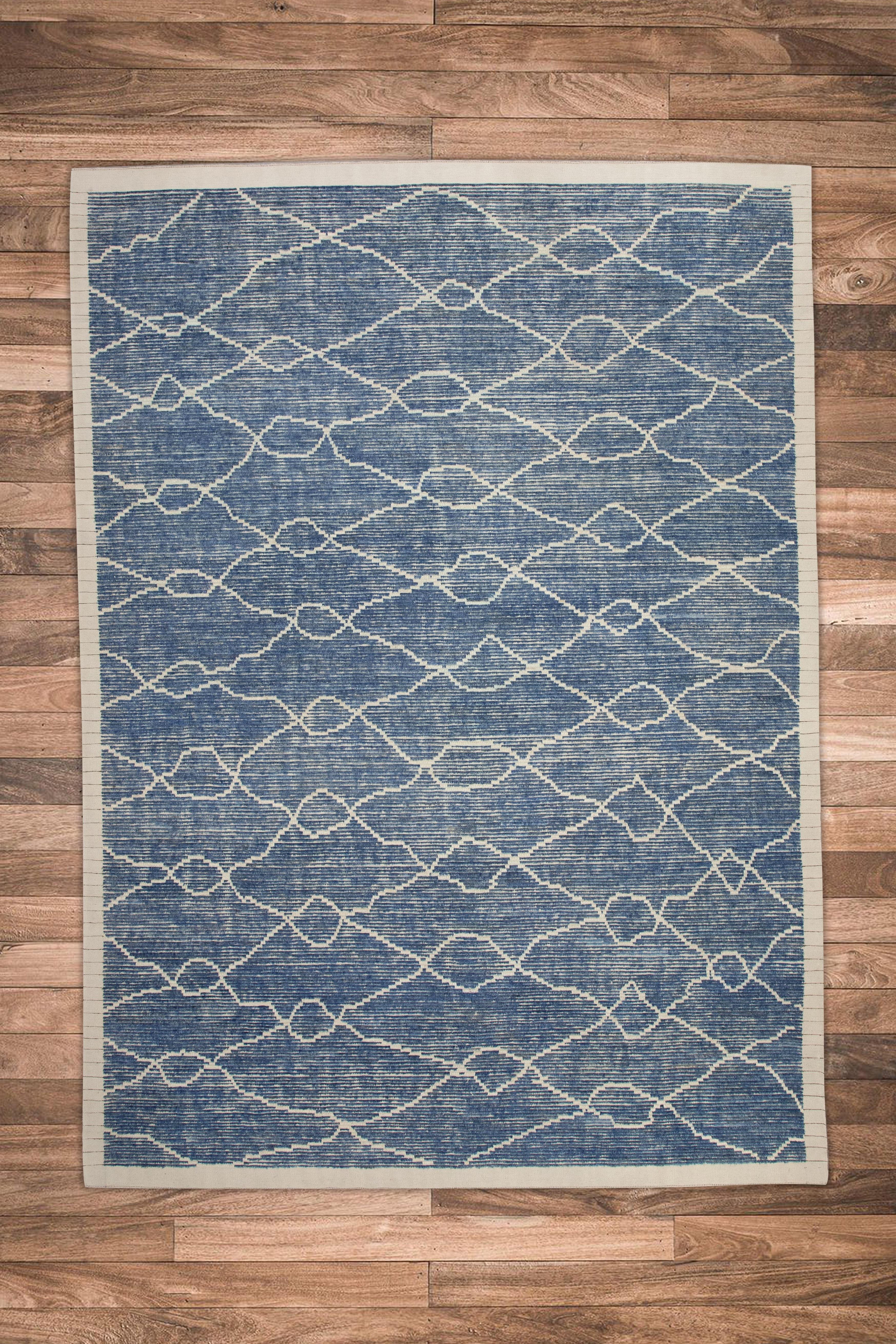 21st Century Modern Moroccan Style Wool Rug in Blue Design 9'5